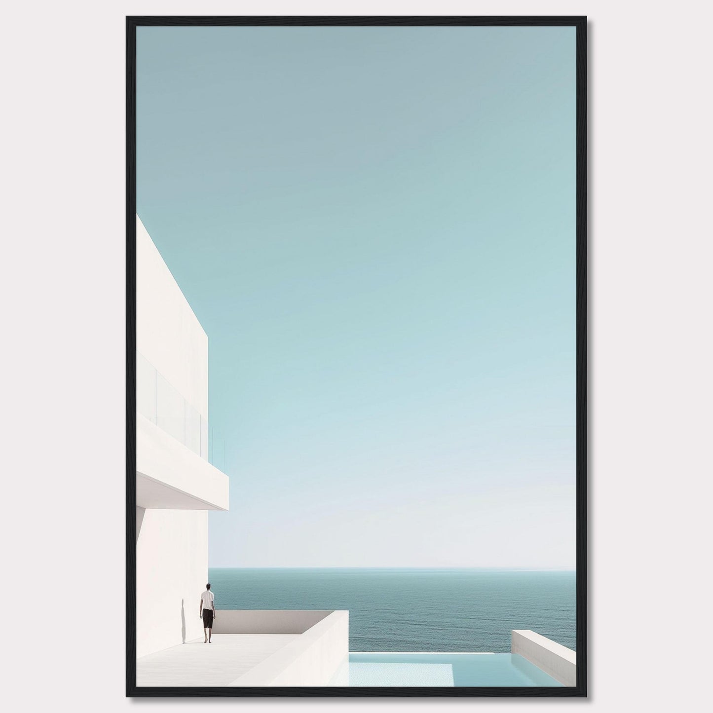 This serene image captures a minimalist coastal scene featuring a modern white building overlooking the tranquil ocean. A solitary figure stands on a balcony, gazing out at the expansive sea and clear sky. The composition exudes calmness and simplicity, inviting viewers to embrace a moment of peaceful reflection.