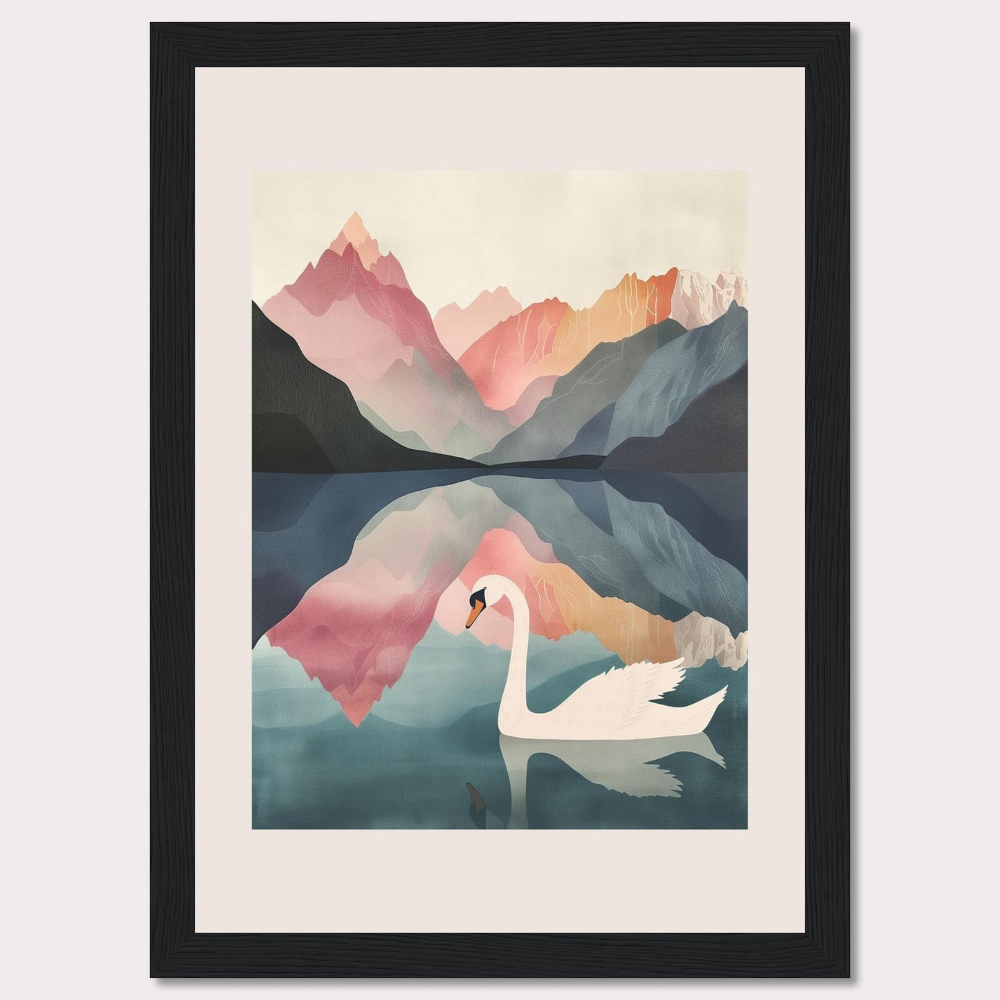 This captivating artwork features a serene swan gliding across a tranquil lake, surrounded by majestic mountains in pastel hues. The reflection of the mountains and the swan in the calm water adds a mesmerizing symmetry to the scene. The soft, muted colors evoke a sense of peace and tranquility.