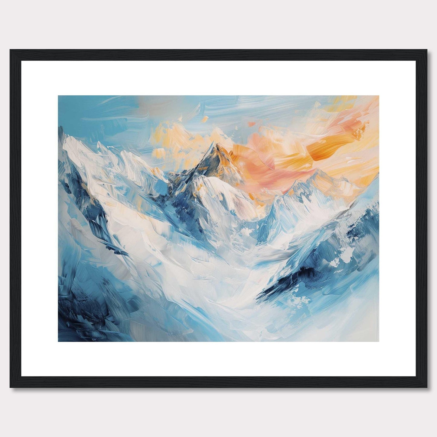 This image showcases a stunning painting of a mountain landscape, capturing the serene beauty of snow-covered peaks bathed in the warm hues of a setting sun.