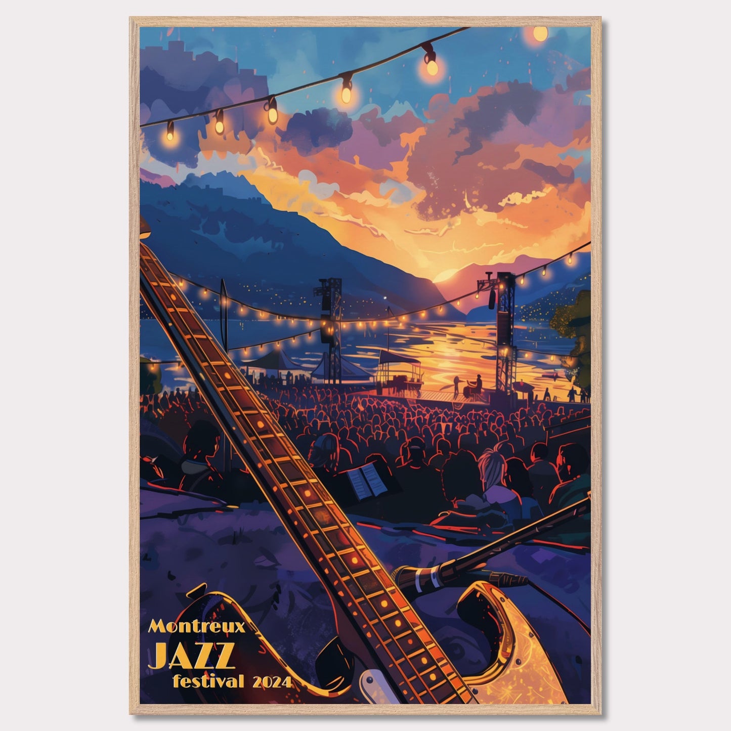 This vibrant poster captures the essence of the Montreux Jazz Festival 2024. Set against a breathtaking sunset over a serene lake, the scene is filled with an audience eagerly awaiting the performance. An electric guitar in the foreground hints at the musical magic to come, while string lights add a festive ambiance.