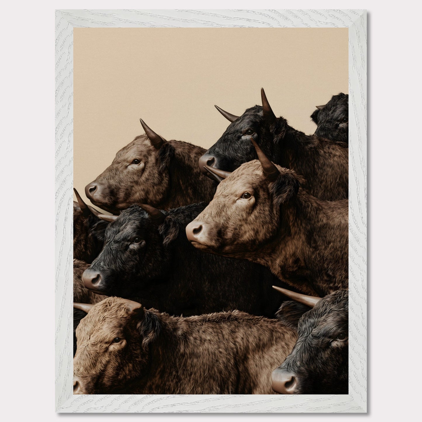 This illustration depicts a group of oxen with varying shades of brown and black fur, closely packed together against a plain beige background.

This poster will fit well in rustic or farmhouse-style interiors, animal-themed spaces, or art collections focusing on wildlife.