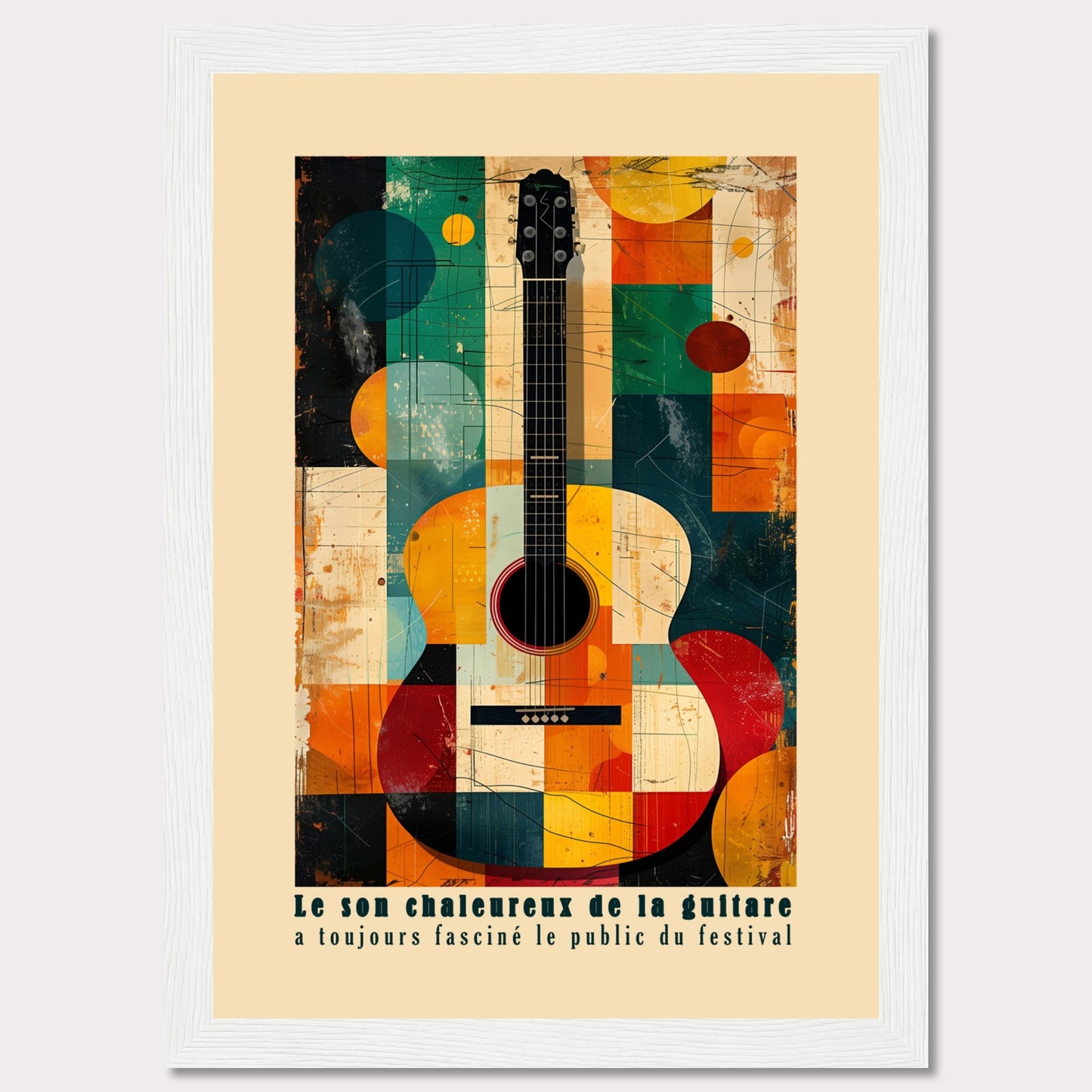 This vibrant artwork features an abstract depiction of an acoustic guitar, blending geometric shapes and bold colors. The French text at the bottom reads, "Le son chaleureux de la guitare a toujours fasciné le public du festival," which translates to "The warm sound of the guitar has always fascinated the festival audience."