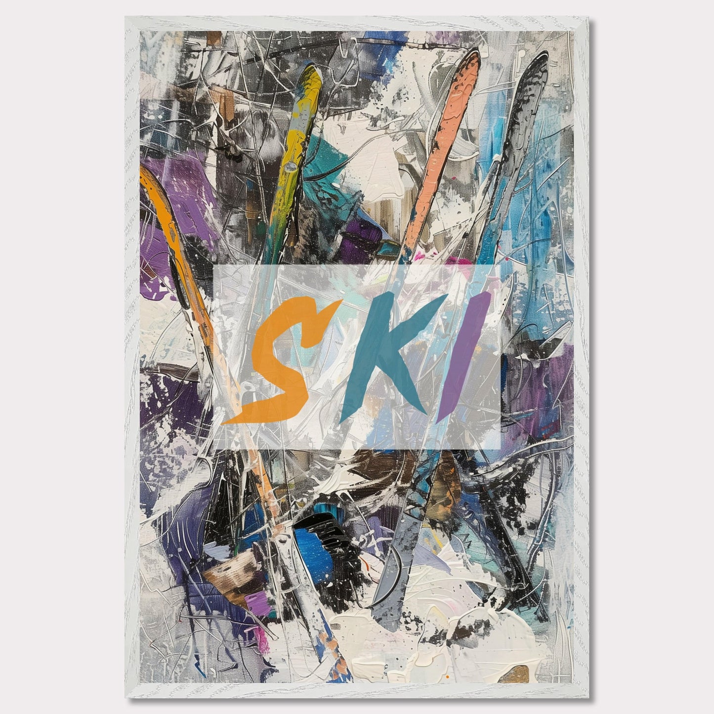 This vibrant artwork showcases an abstract composition featuring colorful ski elements. The word "SKI" is prominently displayed in bold, dynamic letters across the center. The background is a chaotic mix of brushstrokes and textures, creating a sense of movement and energy.