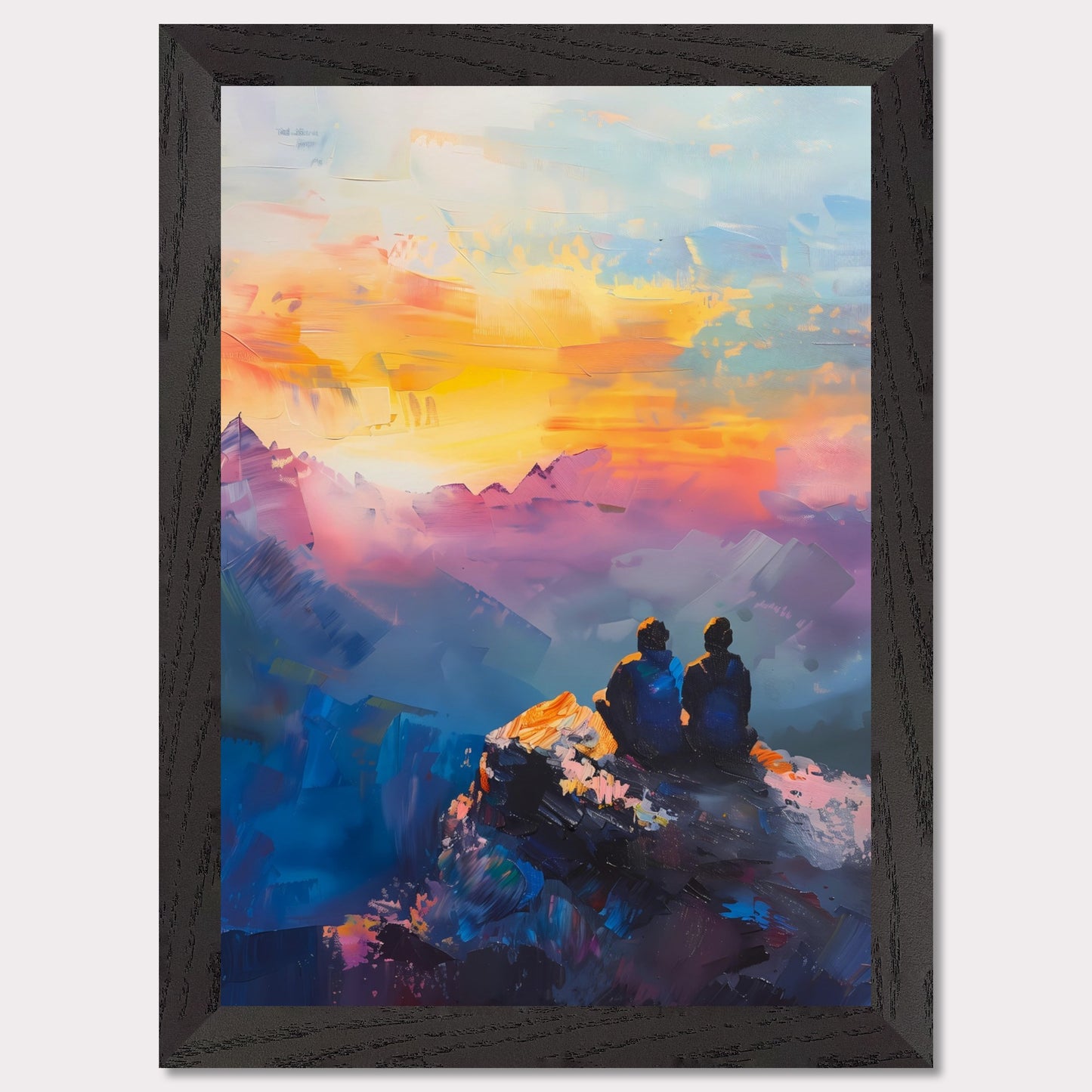 This is an illustration of two people sitting on a rocky cliff, overlooking a vibrant and colorful sunset or sunrise. The sky is painted with warm hues of orange, yellow, and pink, blending into cooler tones of blue and purple.