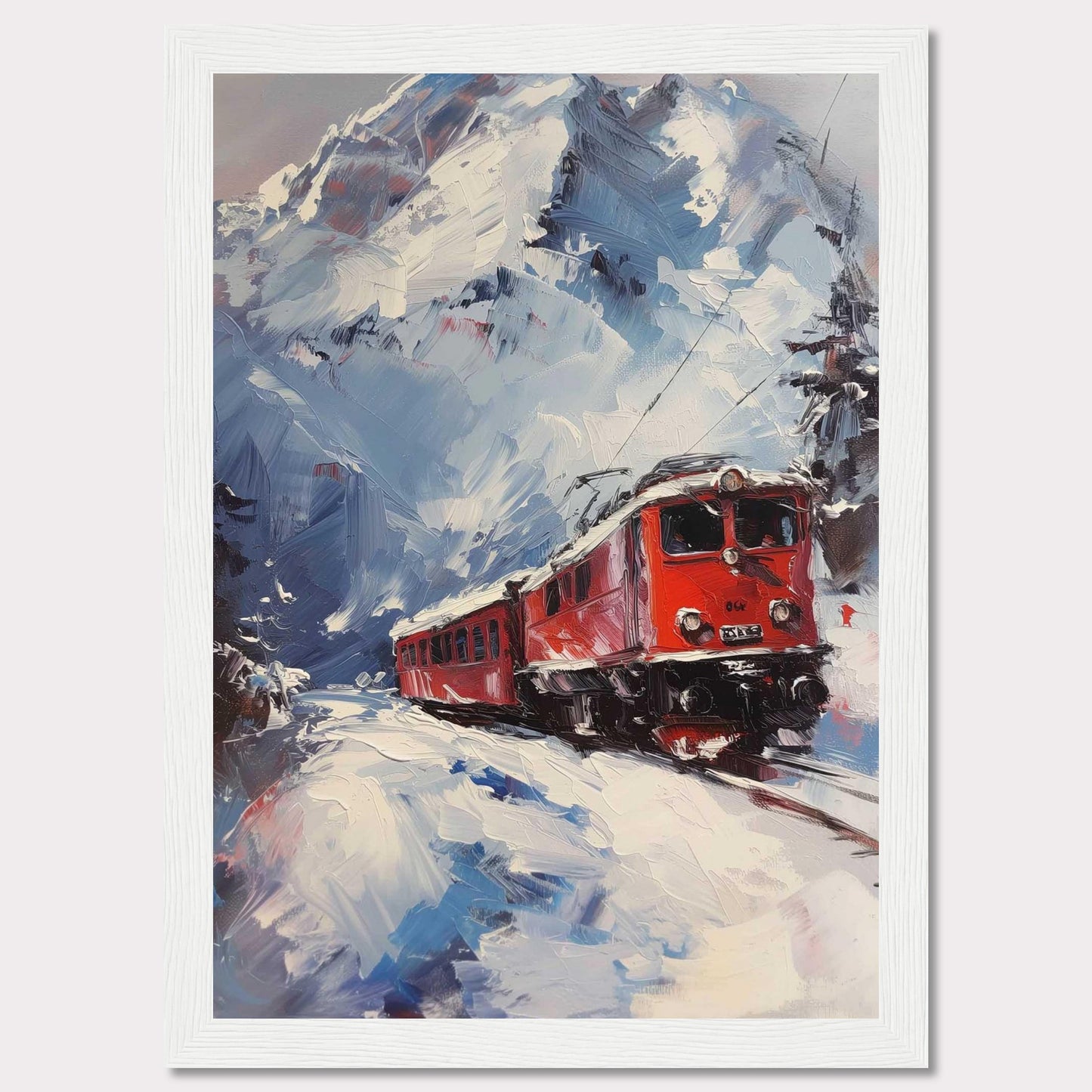 This stunning painting captures a vibrant red train journeying through a snowy mountain landscape. The dynamic brushstrokes convey the movement and energy of the scene, while the towering snow-covered peaks create a breathtaking backdrop.