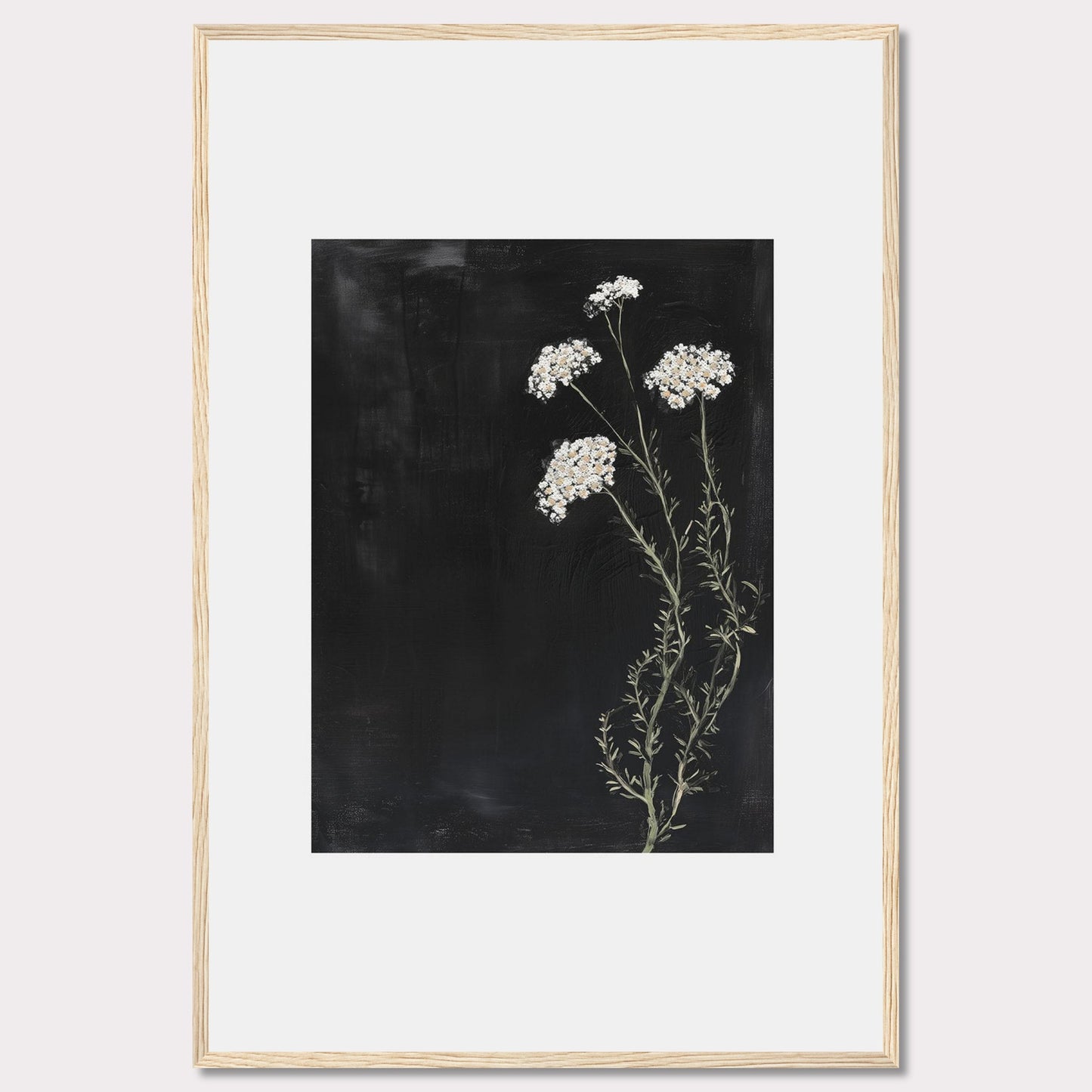 This elegant framed artwork features delicate white flowers against a deep black background, creating a striking contrast. The minimalist design emphasizes the natural beauty of the floral arrangement, making it a perfect addition to any modern interior.