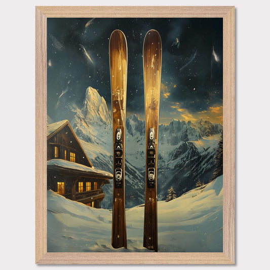 This dynamic poster showcases the exhilaration of a high-speed skiing adventure. Featuring a skier soaring off a powdery jump with a stunning panoramic view of rugged mountain ranges, it encapsulates the spirit of daring exploration and freedom. The vibrant energy of the scene is infectious.