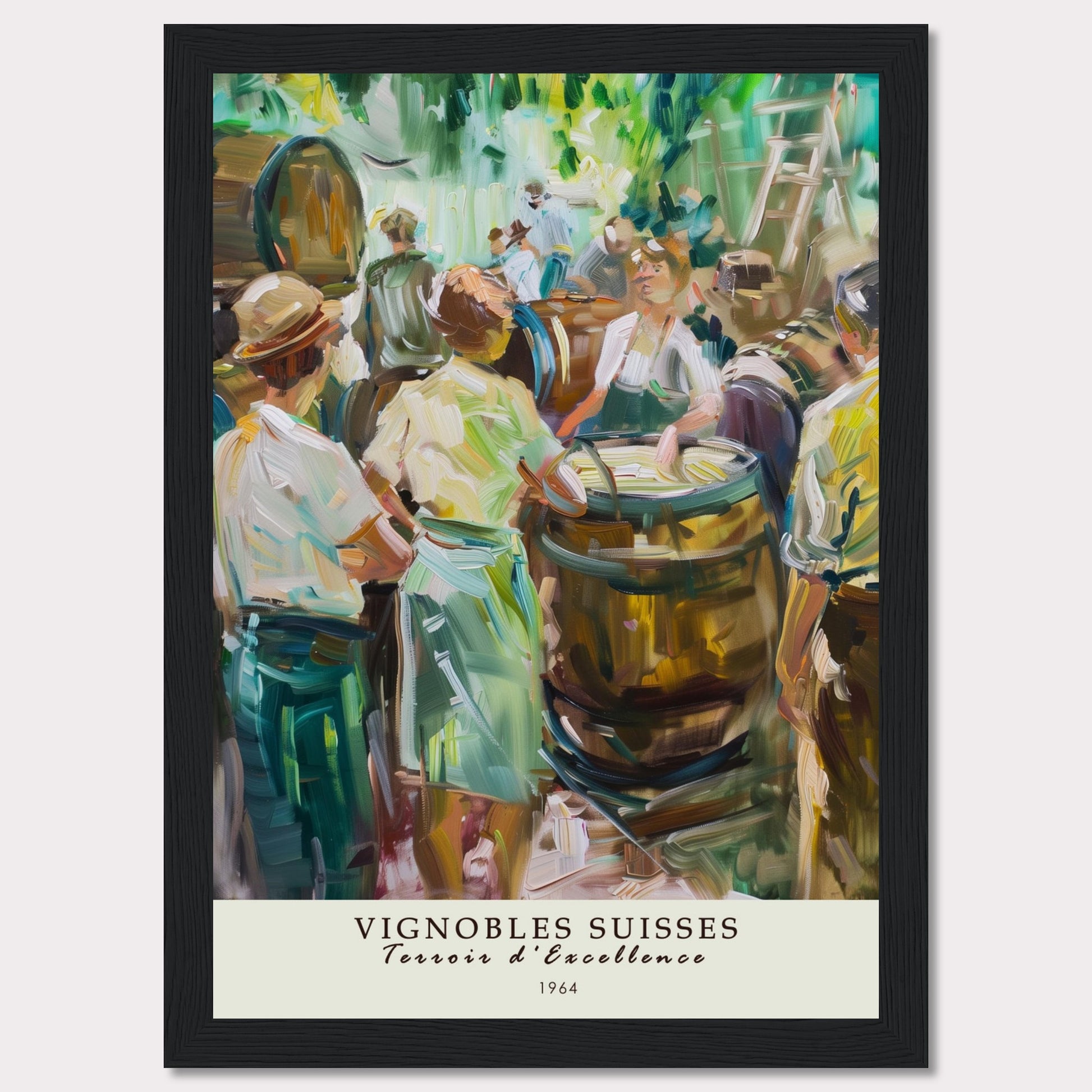 This vibrant painting captures a lively scene of people gathered around wine barrels, reflecting the rich tradition of Swiss vineyards.