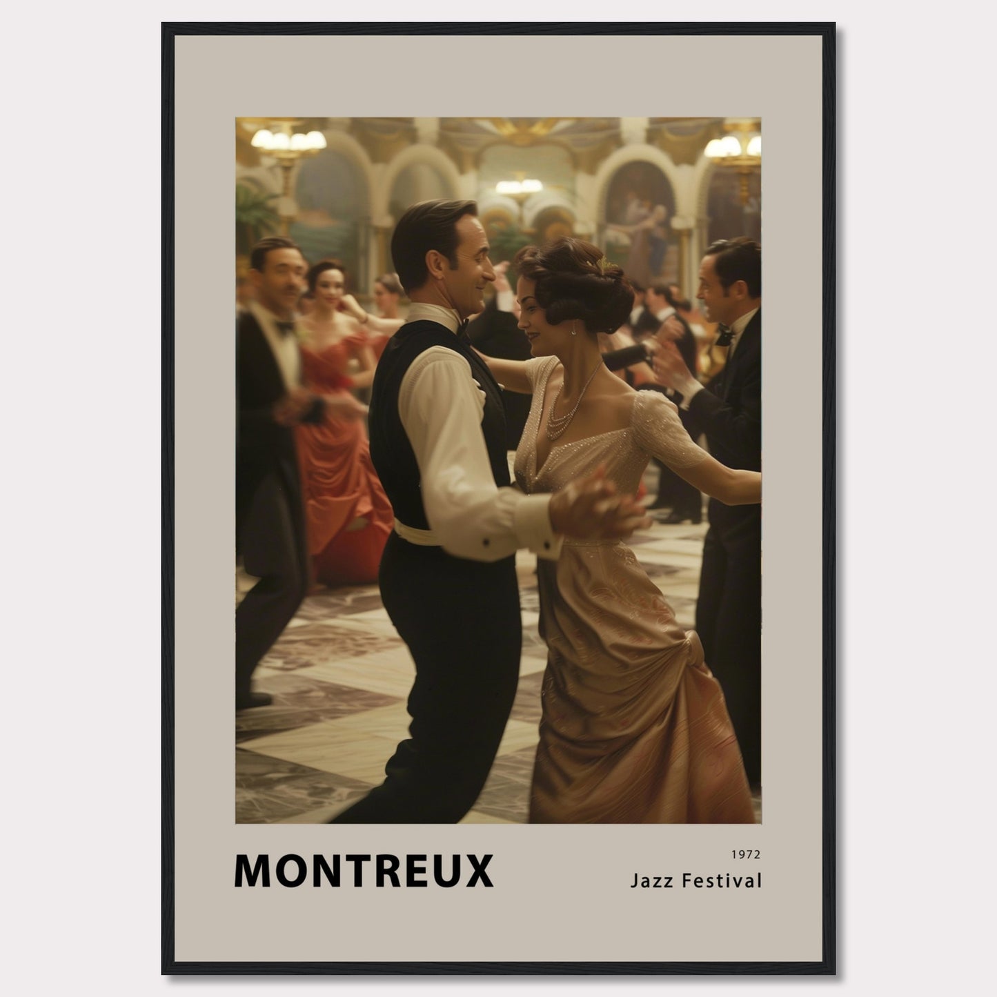 This elegant poster captures a moment of grace and sophistication at the Montreux Jazz Festival in 1972. A couple is seen dancing in a grand ballroom, surrounded by other elegantly dressed attendees. The atmosphere is vibrant and full of life, evoking the charm and allure of a bygone era.