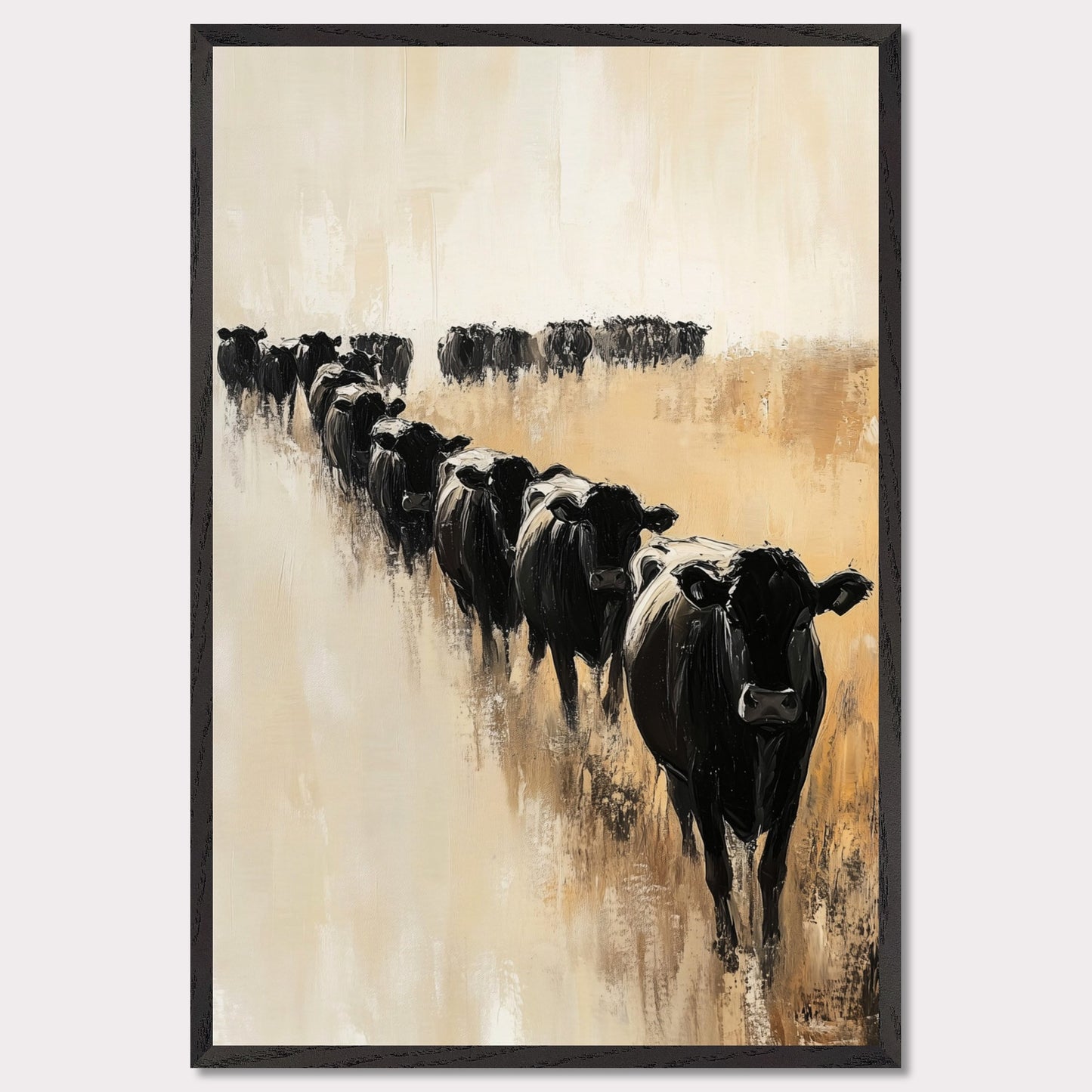 This captivating artwork portrays a herd of black cows walking in a line across a serene, golden field. The abstract brush strokes and muted color palette evoke a sense of calm and tranquility.