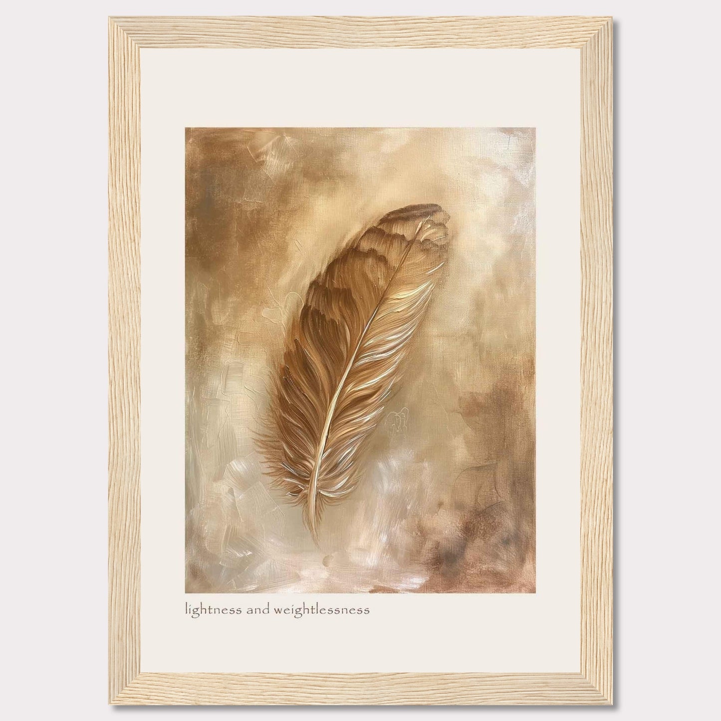 This image showcases a beautifully framed artwork featuring a single feather. The feather is depicted in warm, earthy tones, creating a sense of tranquility and elegance. The background consists of soft, abstract brushstrokes that enhance the delicate nature of the feather. At the bottom of the artwork, the phrase "lightness and weightlessness" is inscribed, adding to the ethereal feel of the piece.