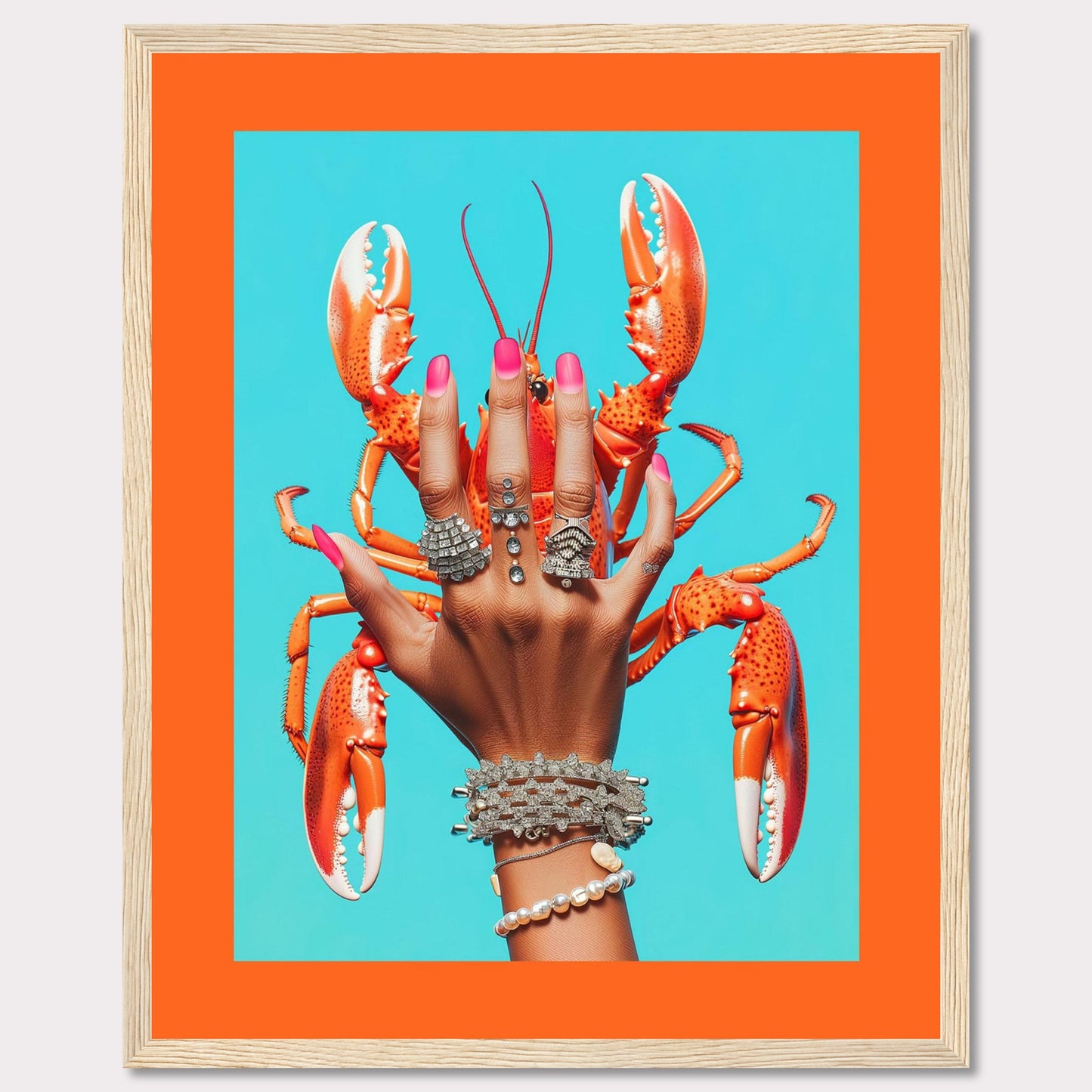 This vibrant and quirky artwork features a hand adorned with luxurious rings and bracelets, holding a bright orange lobster against a vivid blue background. The contrast between the bold colors and the intricate jewelry creates a striking visual impact.