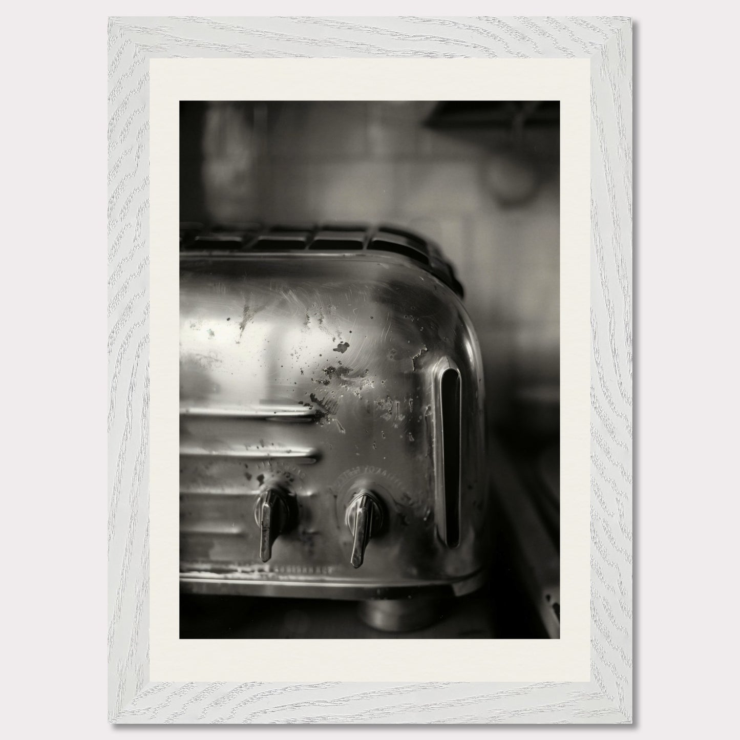 This illustration depicts a close-up view of a vintage toaster in black and white.