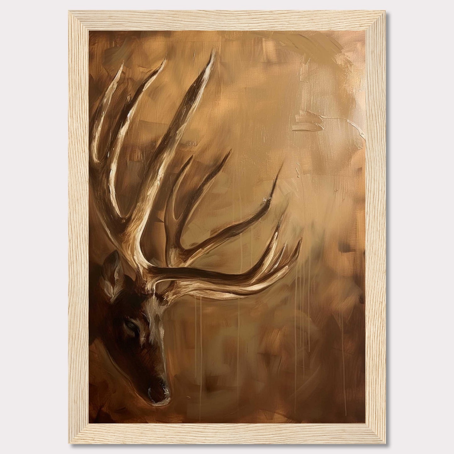 This captivating painting features a majestic deer with prominent antlers, set against a warm, earthy background. The artwork exudes a sense of tranquility and natural beauty, making it a perfect addition to any nature lover's collection.