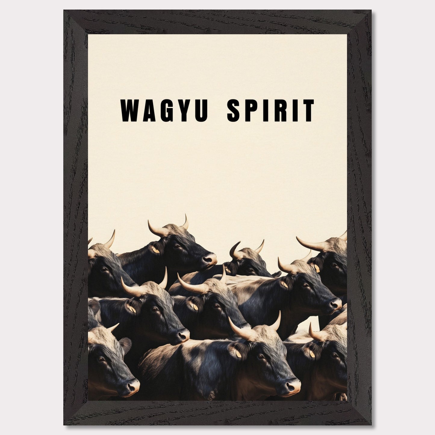 This illustration shows a group of black cattle with horns, set against a light background. The text "WAGYU SPIRIT" is prominently displayed at the top.

This poster will fit well in a kitchen, dining area, restaurant, or any space related to food and culinary arts.