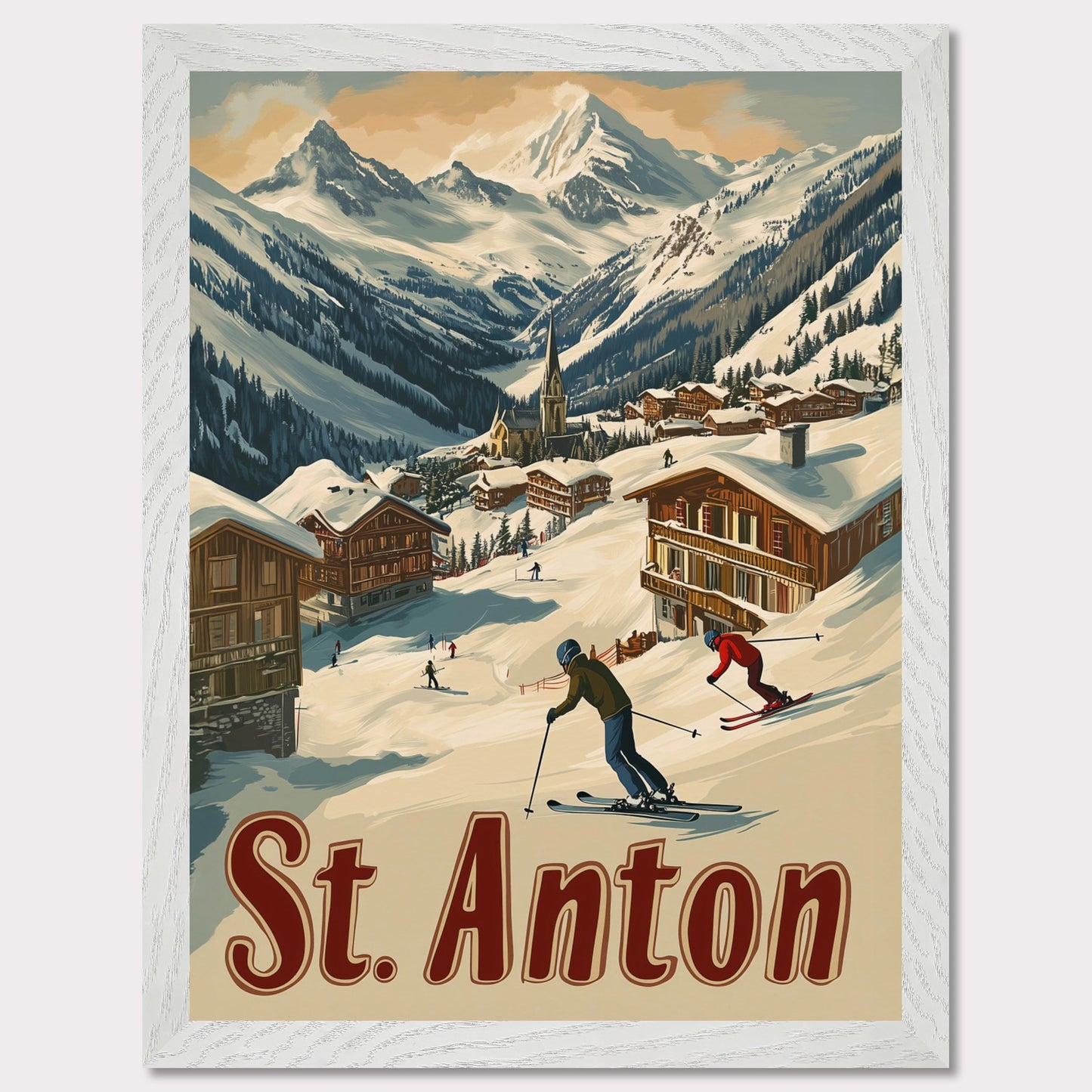 This captivating poster showcases the thrill of skiing in St. Anton, with a group of skiers carving through the fresh powder beneath the dramatic peaks of the Alps. The background features a picturesque village of wooden chalets nestled among the snow, while the rich retro colors and typography emphasize the adventurous spirit of St. Anton as a premier ski destination. The poster evokes both the excitement of the slopes and the warmth of alpine hospitality.