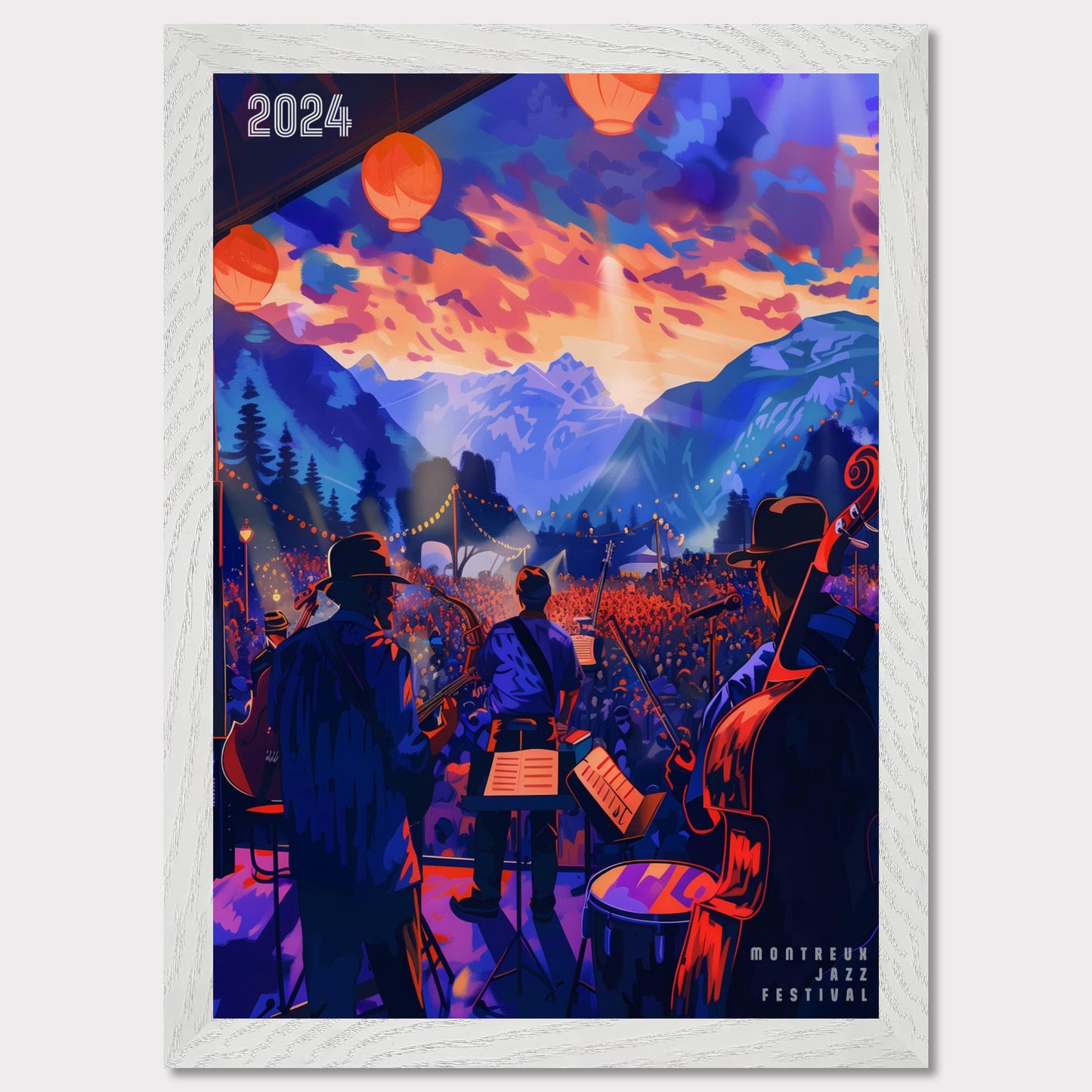 This vibrant poster depicts a lively jazz festival set against a stunning mountain backdrop. The scene is illuminated by colorful lanterns and features a band performing to a large, enthusiastic crowd. The sky is painted with dramatic hues of orange and purple, enhancing the festive atmosphere.