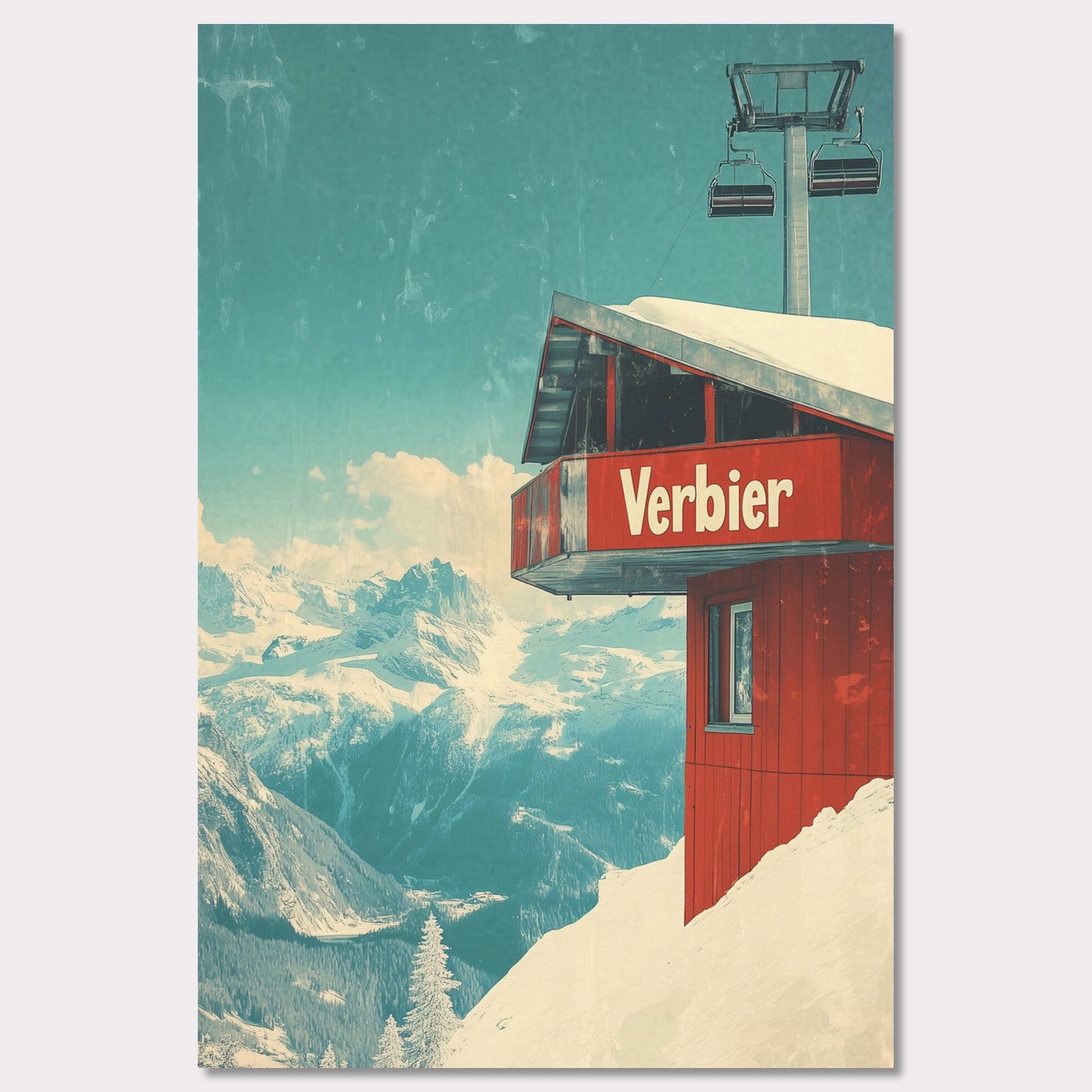 This vintage-inspired poster showcases a modern gondola station perched high above Verbier’s slopes. The gondola’s red cabin stands out against the pristine white snow, with majestic alpine peaks framing the view. The soft blue sky, accented by the vintage design, gives a timeless quality to the image. The simplicity and elegance of the gondola station invite viewers to imagine their own journey up the mountain, surrounded by the beauty of the Swiss Alps.