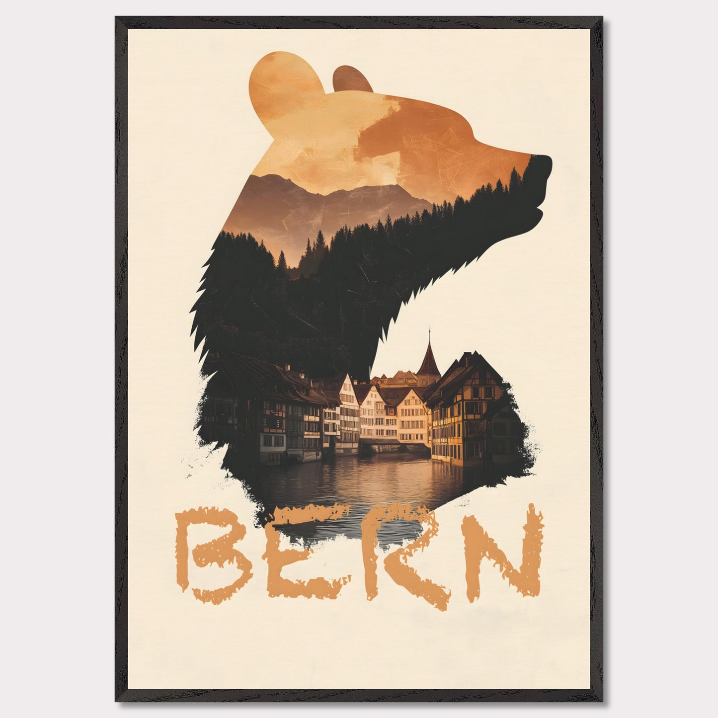 A captivating travel poster that merges Bern’s iconic bear symbol with the city’s historic charm. The silhouette of the bear contains a stunning landscape of alpine forests and traditional Swiss architecture, reflecting the city's rich heritage.