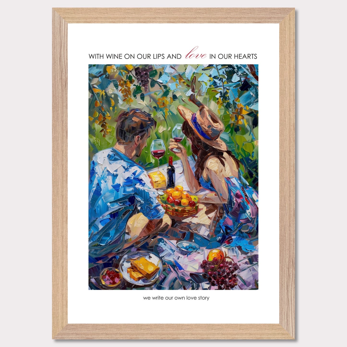 Couple on a summer picnic - Poster with a wooden frame