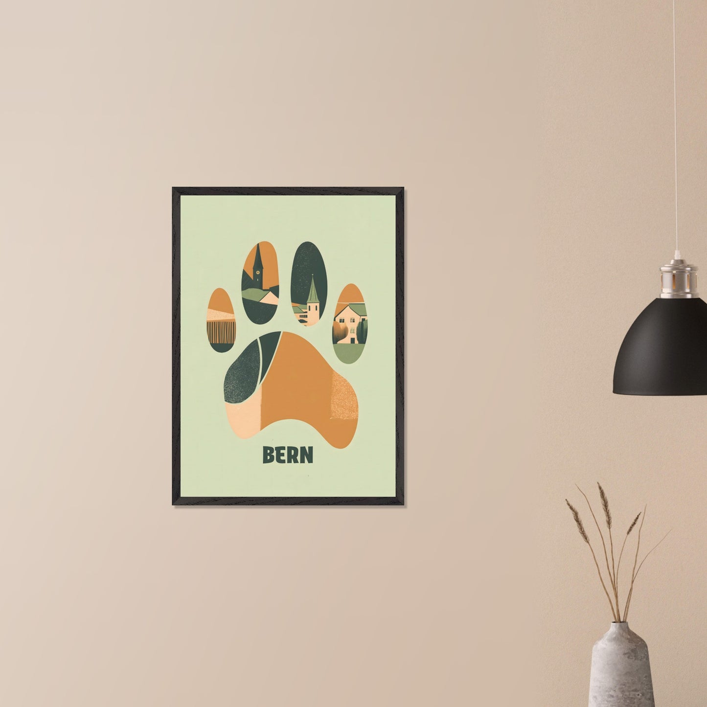 This unique poster blends the charm of Bern’s architecture with the city’s symbolic bear in an abstract, paw-print design. The warm earth tones and clean lines create a harmonious balance between modern minimalism and historical elements.