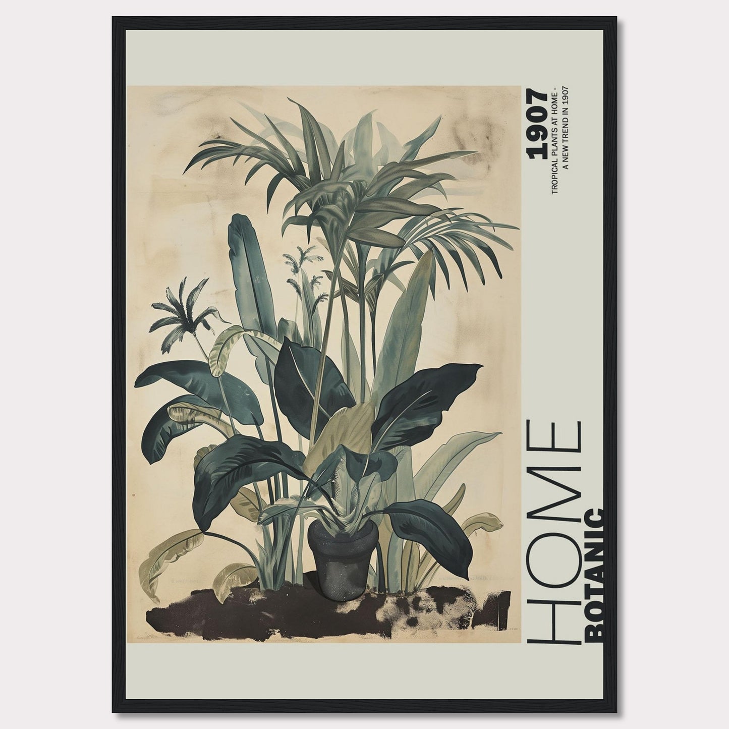 This image features a beautifully framed botanical art print showcasing lush tropical plants. The artwork has a vintage feel with muted green tones and intricate leaf details, giving it a timeless aesthetic. The text "HOME BOTANIC" and "1907" adds a touch of classic elegance to the piece.