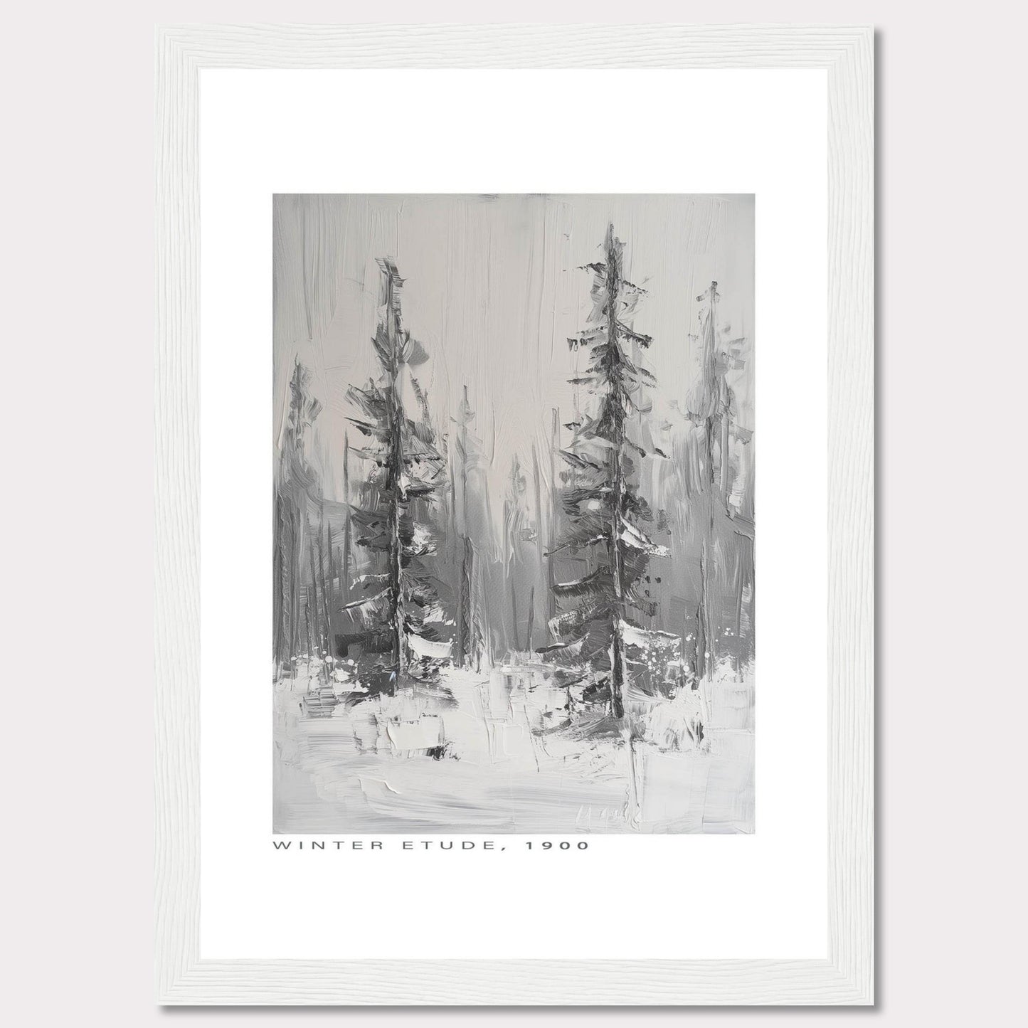 This image showcases a framed painting titled "Winter Etude, 1900". The artwork depicts a serene winter landscape with two prominent trees standing tall amidst a snowy backdrop. The painting is done in grayscale, emphasizing the cold and tranquil atmosphere of winter.