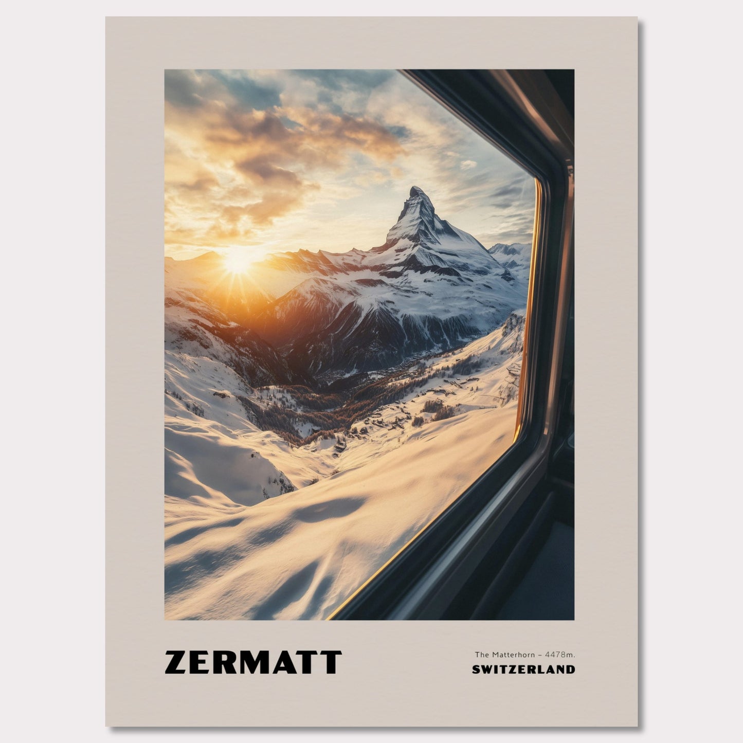 A stunning view of the Matterhorn bathed in golden sunset hues. Towering at 4478 meters, this legendary mountain has always drawn adventurers and travelers. The warm colors of the sunset create an extraordinary atmosphere, while the snow-covered slopes emphasize the purity and majesty of nature.