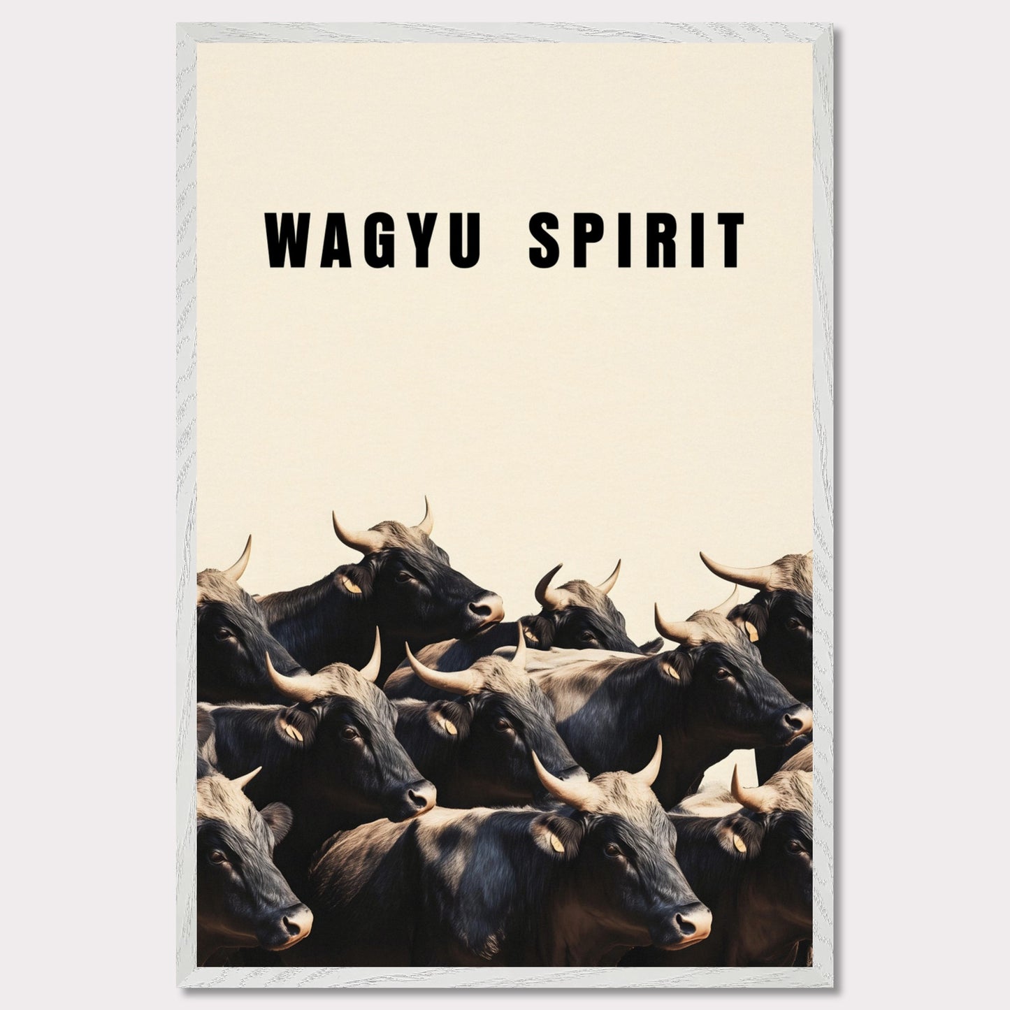 This illustration shows a group of black cattle with horns, set against a light background. The text "WAGYU SPIRIT" is prominently displayed at the top.

This poster will fit well in a kitchen, dining area, restaurant, or any space related to food and culinary arts.