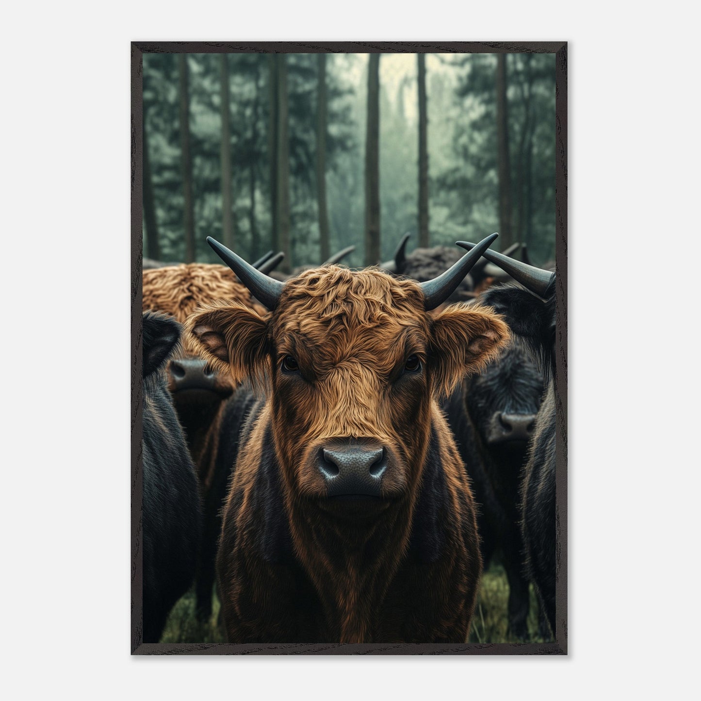 This captivating image features a herd of Highland cattle standing in a misty forest. The central focus is on a brown Highland cow, with its distinctive long horns and shaggy coat, staring directly at the viewer. The background showcases tall trees enveloped in fog, adding a mystical ambiance to the scene.