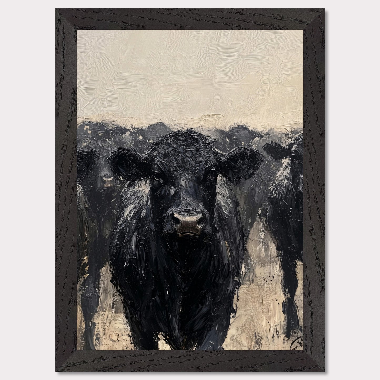 This striking painting captures the intense gaze of a black cow, surrounded by its herd. The textured brushstrokes and muted color palette create a powerful and captivating image.