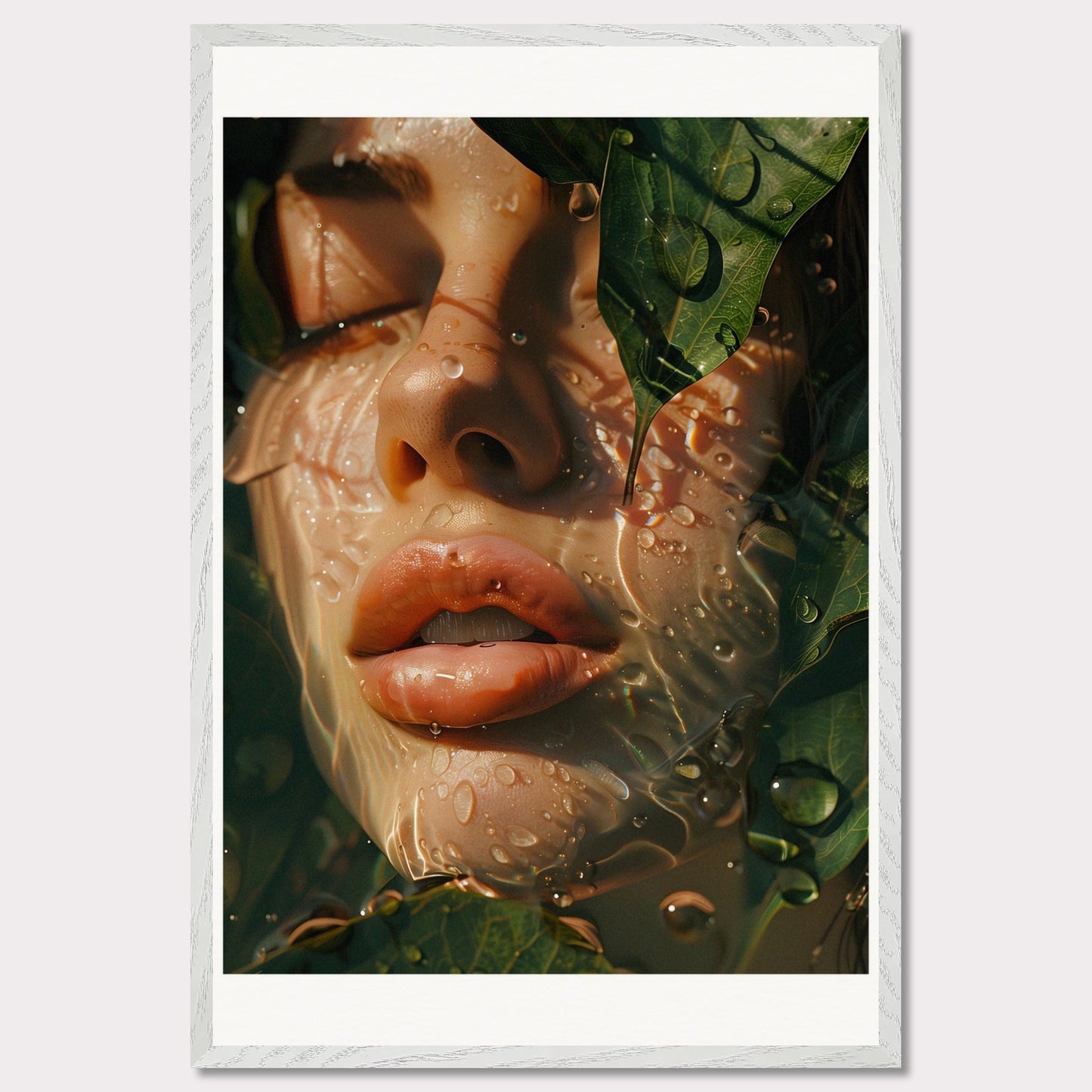 This is an artistic illustration depicting a close-up of a woman's face partially covered by leaves and water droplets.

This poster would fit well in a modern living room, bedroom, or office space, adding a touch of nature and surreal beauty to the decor.