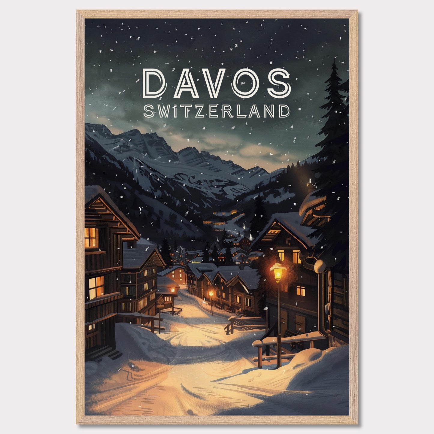 This illustration depicts a serene winter night in Davos, Switzerland. Snow-covered wooden houses line a quiet street illuminated by warm streetlights, with majestic mountains in the background.