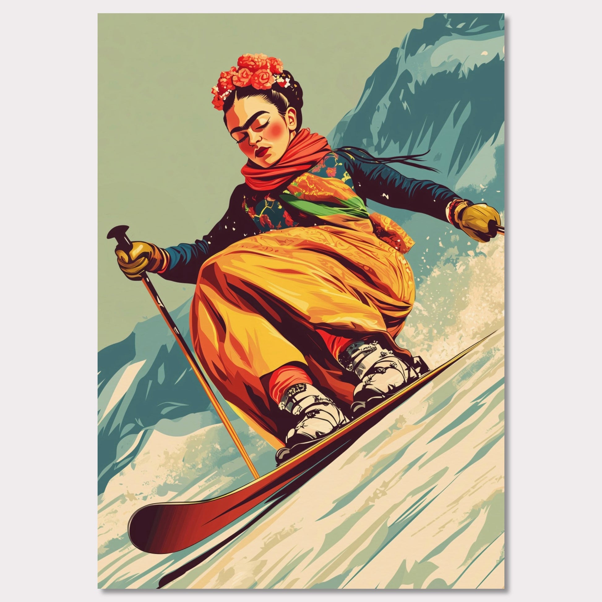 This captivating and artistic poster features Frida Kahlo skiing down a snow-covered slope, embracing both the thrill of winter sports and the vibrancy of her unique style. With a floral crown and colorful attire, Frida brings her creativity and strength to the slopes of the mountains, capturing the harmony between winter adventure and artistic expression. The retro color scheme adds to the vintage charm of the poster, making it a lively and powerful statement piece.