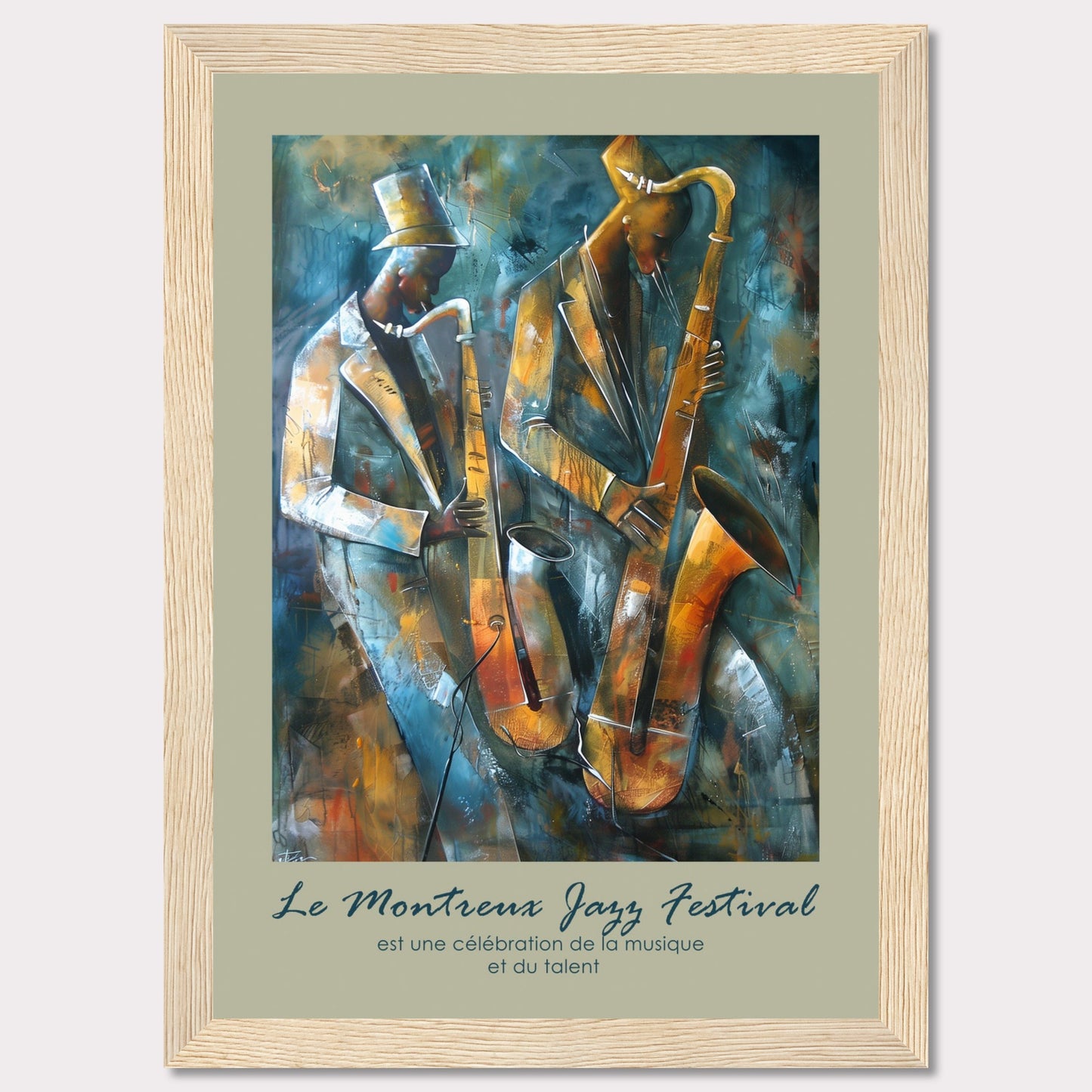 This vibrant artwork captures the essence of jazz with two musicians passionately playing their saxophones. The rich, abstract background adds depth and movement to the scene, emphasizing the dynamic nature of the music. The text at the bottom reads, "Le Montreux Jazz Festival est une célébration de la musique et du talent," highlighting the festival's celebration of music and talent.