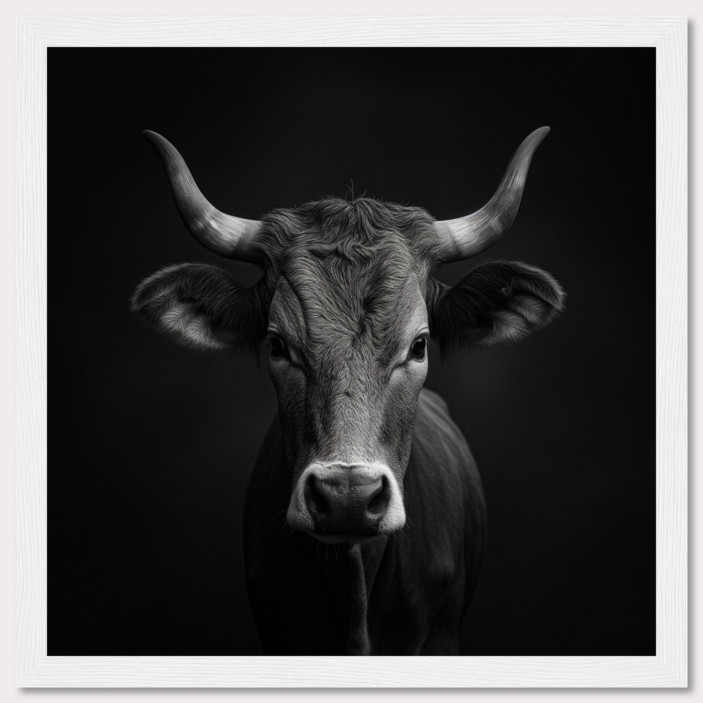 This stunning black and white photograph captures the striking image of a cow, highlighting its majestic horns and serene expression. The detailed texture of the cow's fur is beautifully contrasted against the dark background, creating a powerful visual impact.