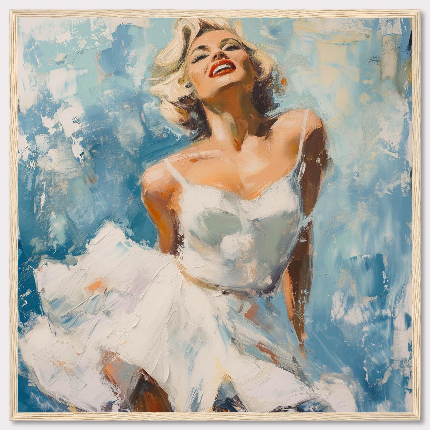 This vibrant painting captures the essence of joy and elegance, featuring a woman in a flowing white dress against a dynamic blue background. The bold brushstrokes and vivid colors evoke a sense of movement and freedom.