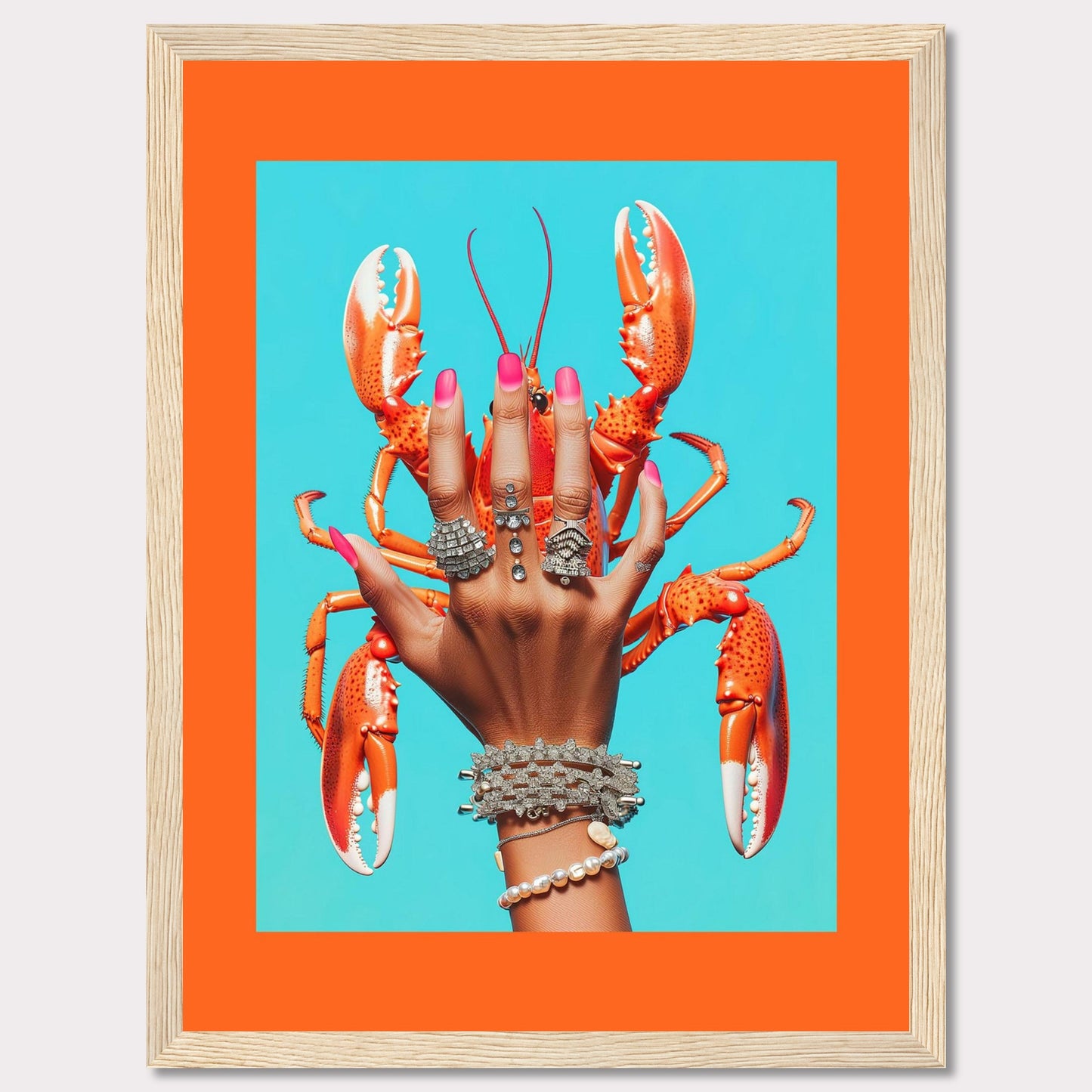 This vibrant and quirky artwork features a hand adorned with luxurious rings and bracelets, holding a bright orange lobster against a vivid blue background. The contrast between the bold colors and the intricate jewelry creates a striking visual impact.