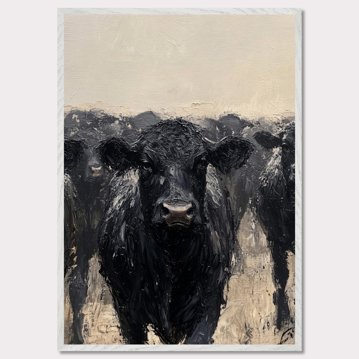 This striking painting captures the intense gaze of a black cow, surrounded by its herd. The textured brushstrokes and muted color palette create a powerful and captivating image.