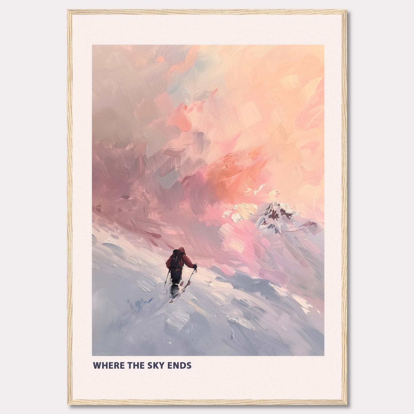 This captivating artwork titled "Where the Sky Ends" portrays a lone adventurer trekking through a snow-covered landscape towards a breathtaking, colorful sky. The painting captures a sense of solitude and determination against a backdrop of majestic, pastel-hued clouds.