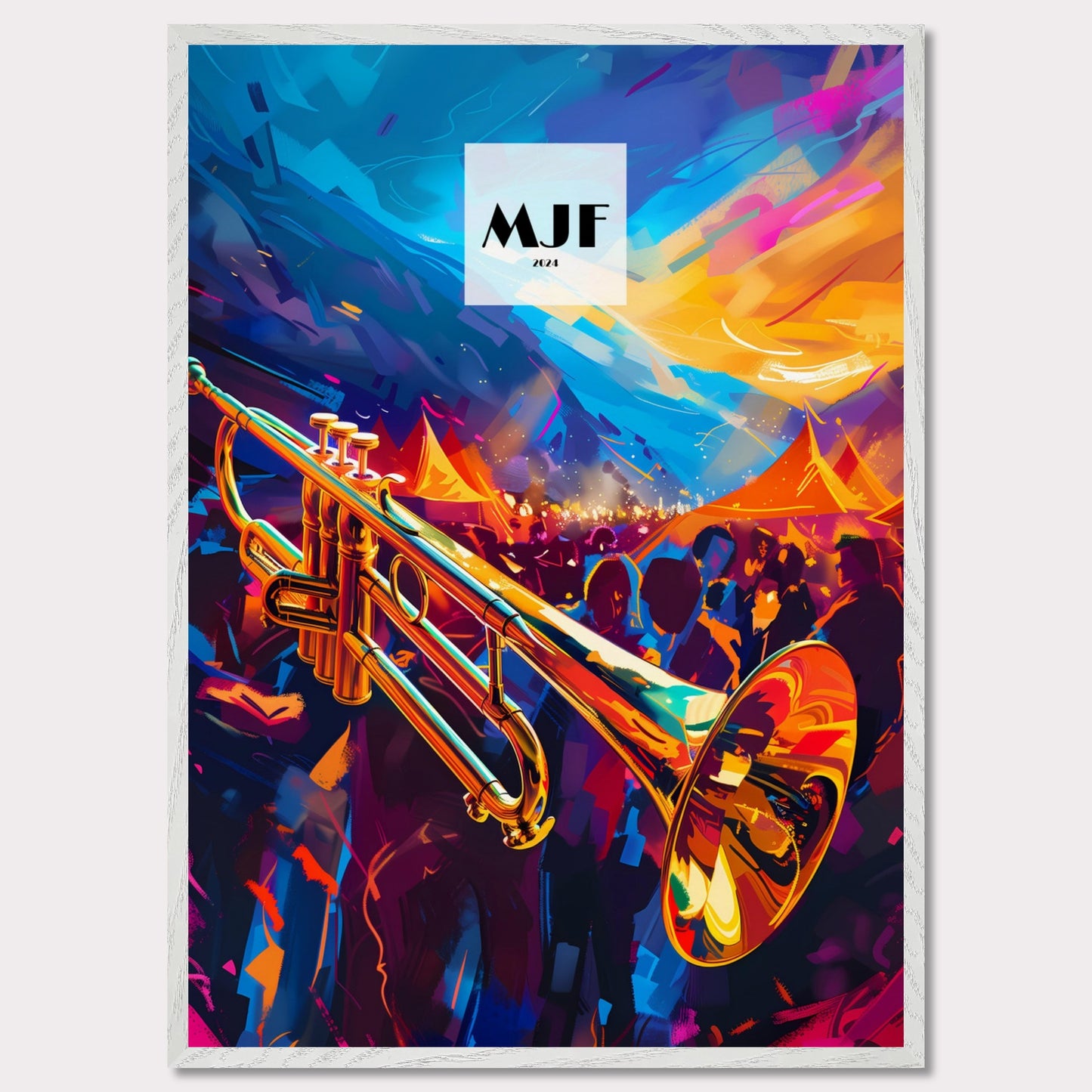 This vibrant poster captures the essence of a lively jazz festival. A gleaming trumpet takes center stage, set against a backdrop of colorful tents and an enthusiastic crowd. The sky is painted with dynamic strokes of blue and orange, adding to the energetic atmosphere.