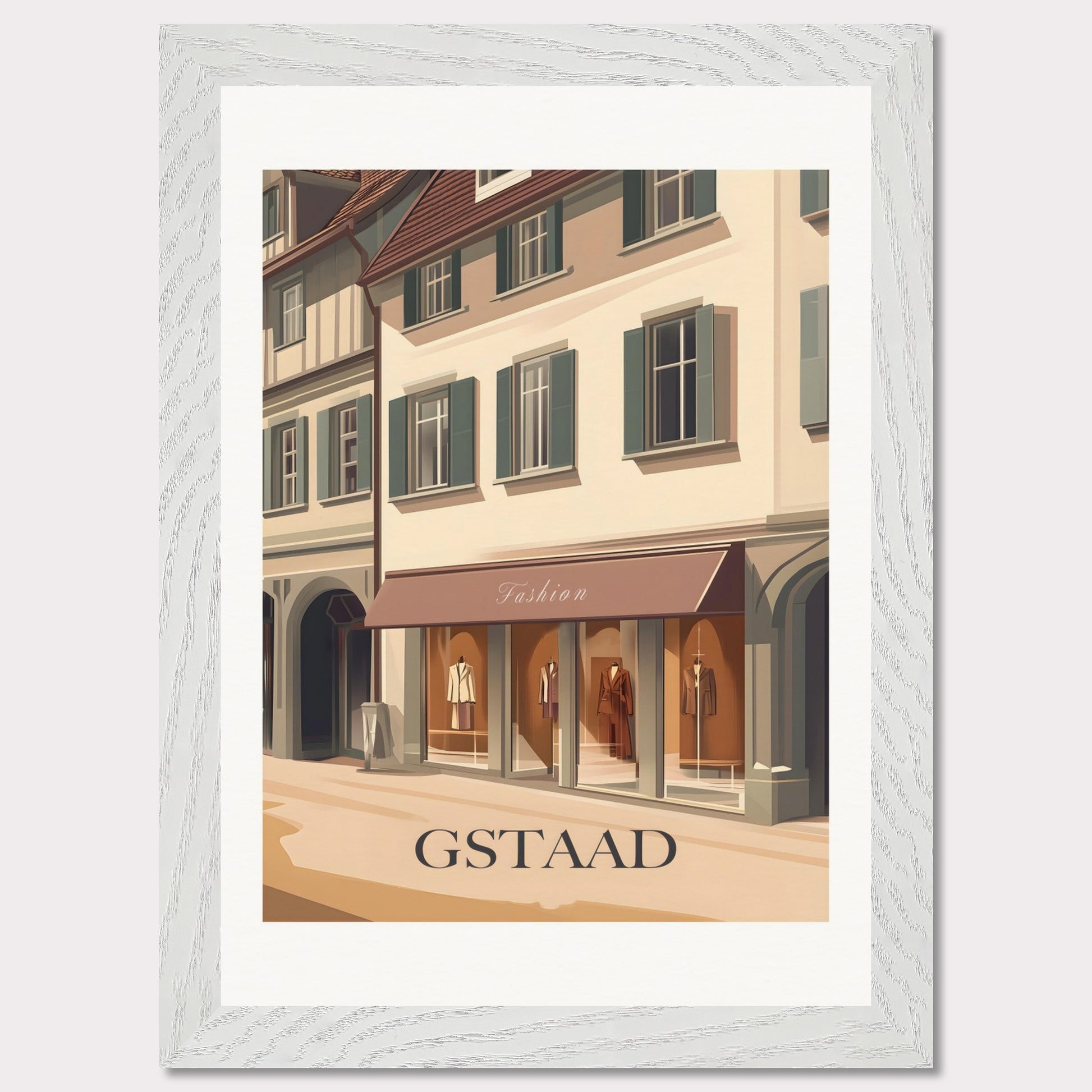 A stylish poster capturing the elegant shopping experience in Gstaad. The charming streets lined with high-end boutiques create an atmosphere of exclusivity and sophistication.