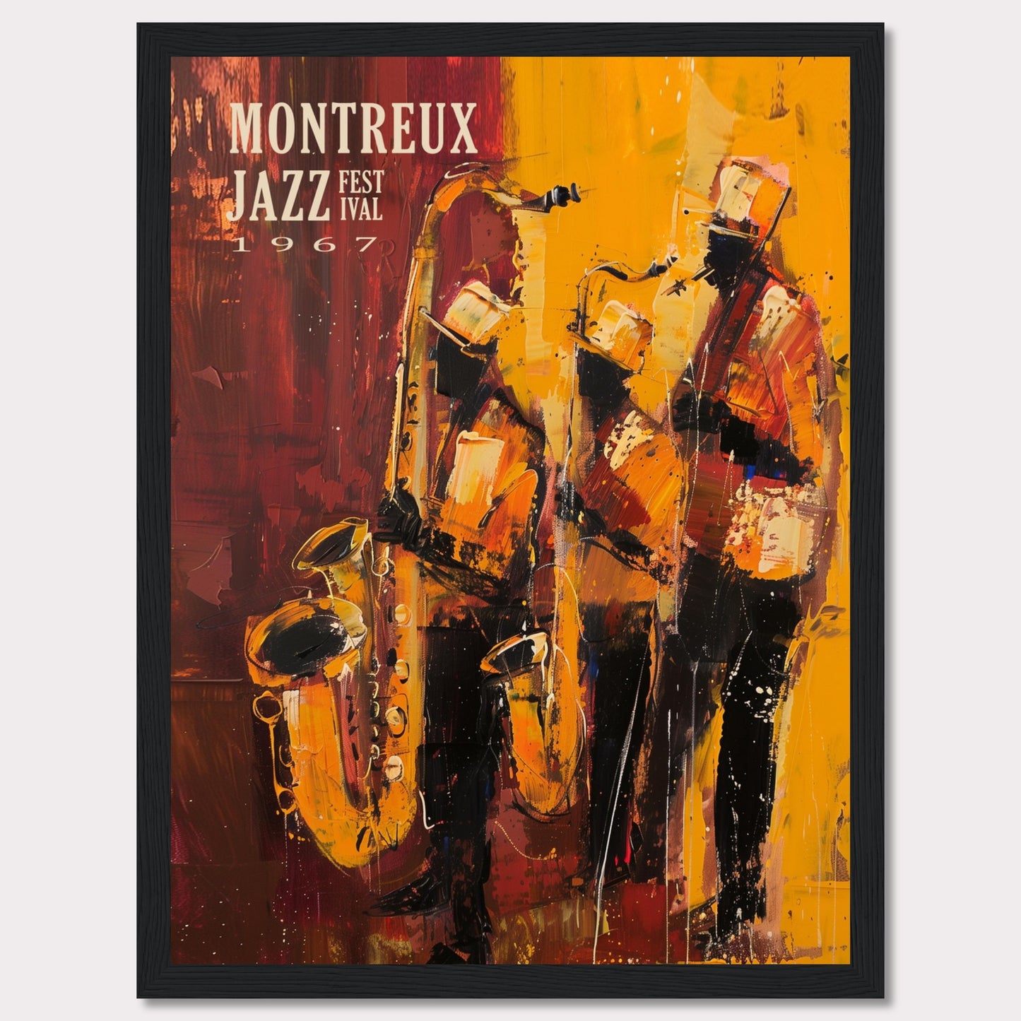 This vibrant art poster showcases the Montreux Jazz Festival from 1967. The artwork features an abstract depiction of three jazz musicians passionately playing their instruments, with rich hues of red, yellow, and orange capturing the dynamic energy of the performance.