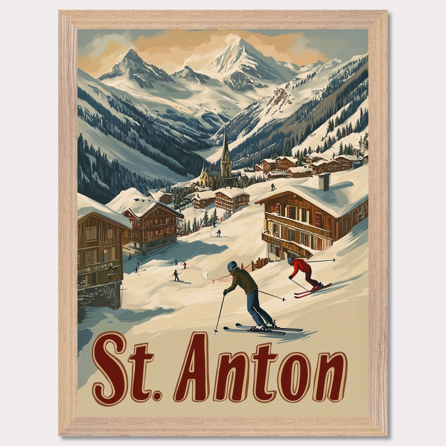 This captivating poster showcases the thrill of skiing in St. Anton, with a group of skiers carving through the fresh powder beneath the dramatic peaks of the Alps. The background features a picturesque village of wooden chalets nestled among the snow, while the rich retro colors and typography emphasize the adventurous spirit of St. Anton as a premier ski destination. The poster evokes both the excitement of the slopes and the warmth of alpine hospitality.