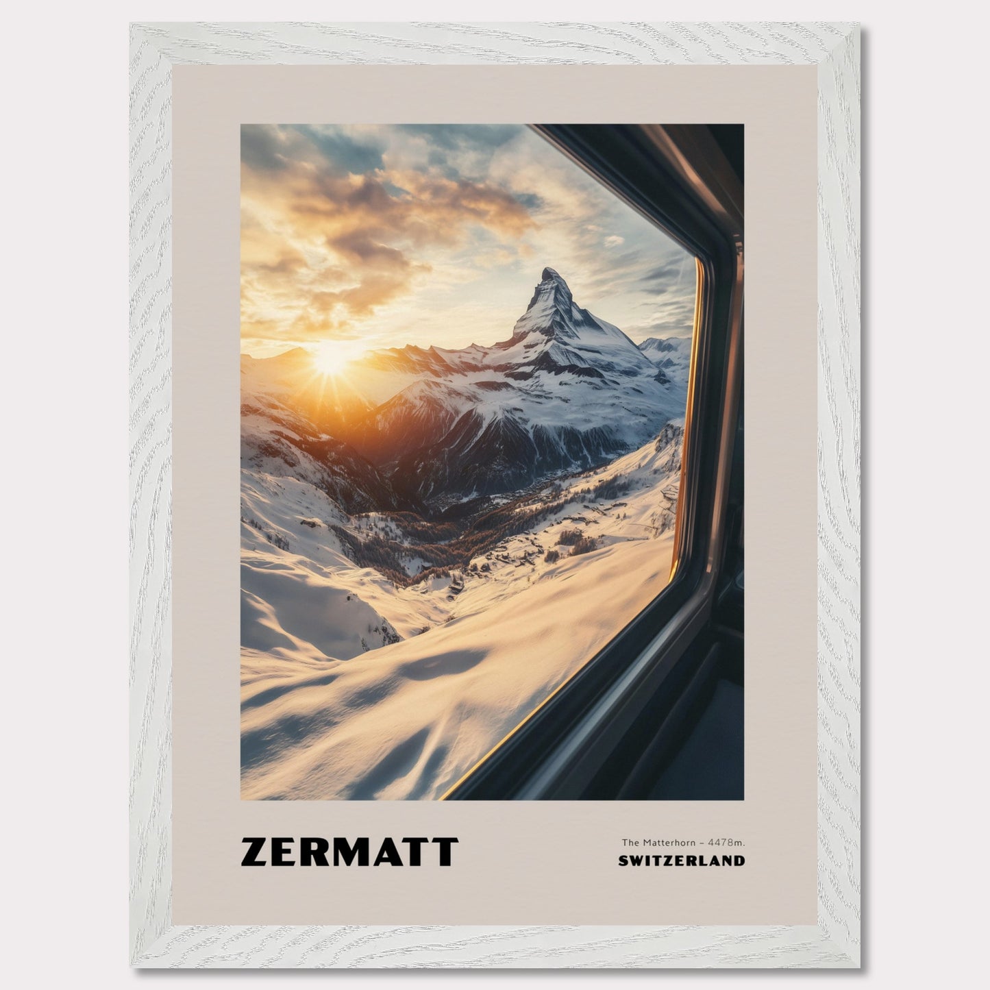 A stunning view of the Matterhorn bathed in golden sunset hues. Towering at 4478 meters, this legendary mountain has always drawn adventurers and travelers. The warm colors of the sunset create an extraordinary atmosphere, while the snow-covered slopes emphasize the purity and majesty of nature.