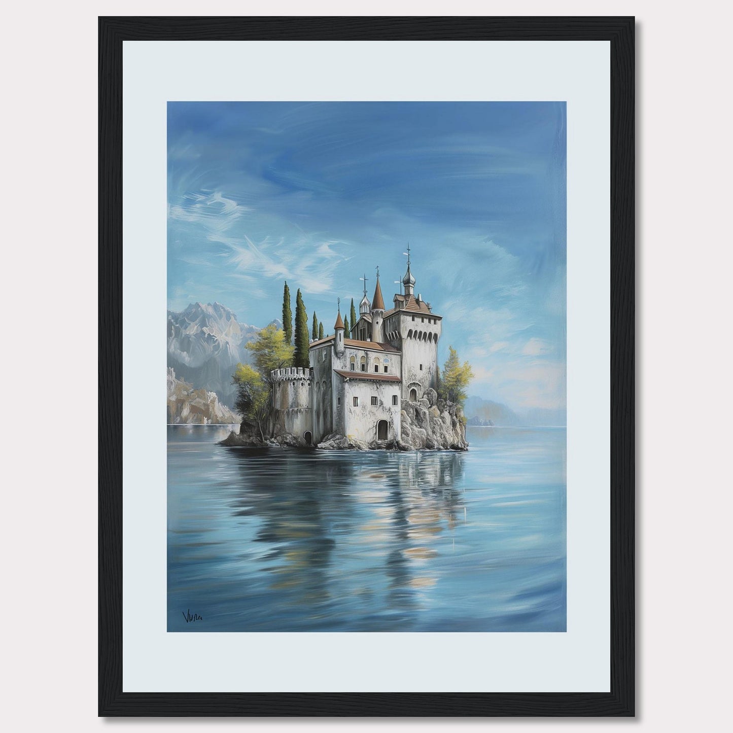 This stunning painting captures the serene beauty of a majestic castle perched on a small island, surrounded by calm waters. The scene is set against a backdrop of distant mountains and a clear blue sky, evoking a sense of tranquility and wonder.