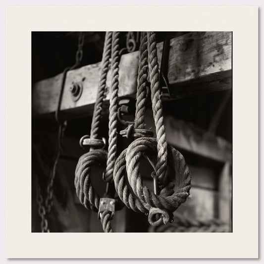 This black and white illustration depicts a close-up view of coiled ropes hanging from wooden beams, evoking a rustic or nautical theme.