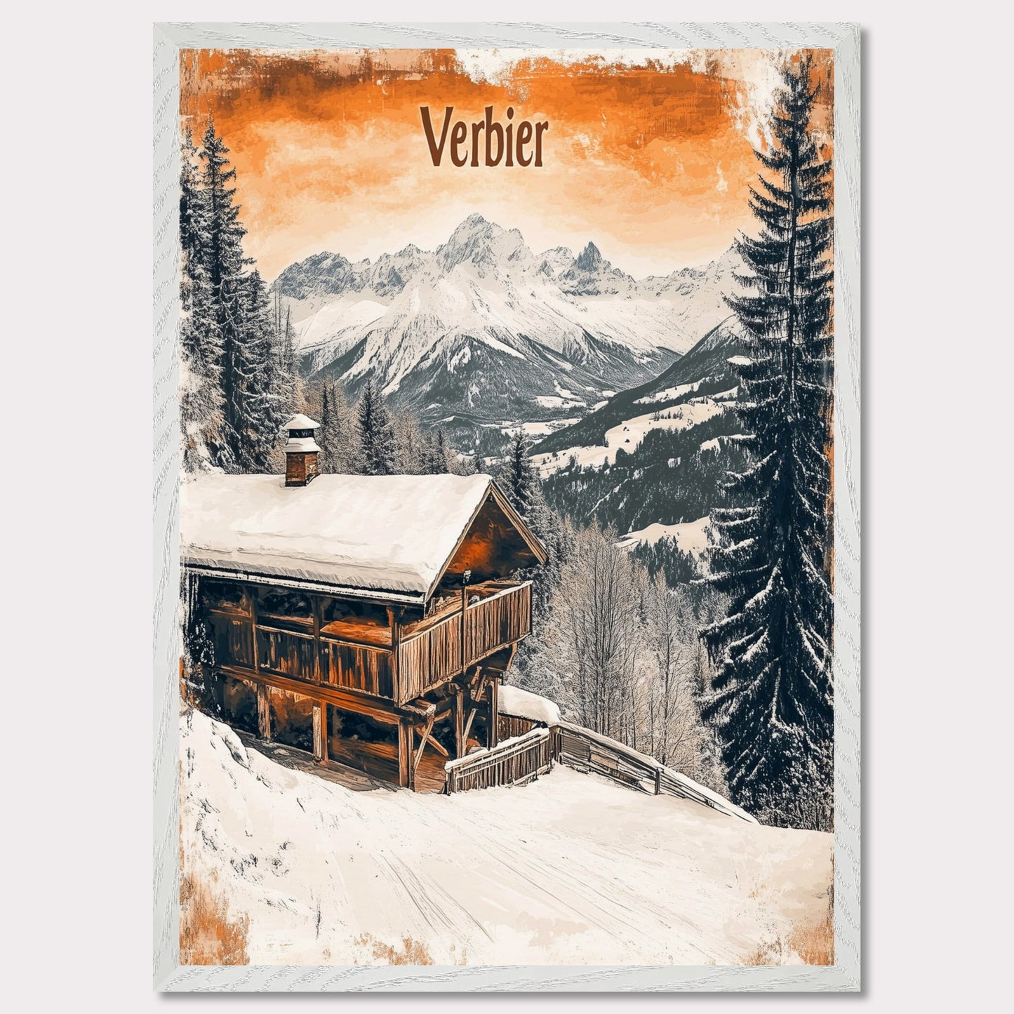 This charming retro-style poster showcases a cozy wooden cabin nestled in the snowy mountains of Verbier. The cabin, with its warm and rustic exterior, contrasts beautifully against the crisp white snow and towering, snow-capped peaks in the distance. The soft, vintage tones in the sky and the peaceful surroundings evoke a sense of tranquility and the perfect winter getaway. The gentle snowfall and warm cabin lights enhance the nostalgic feeling of a quiet retreat in the Alps.