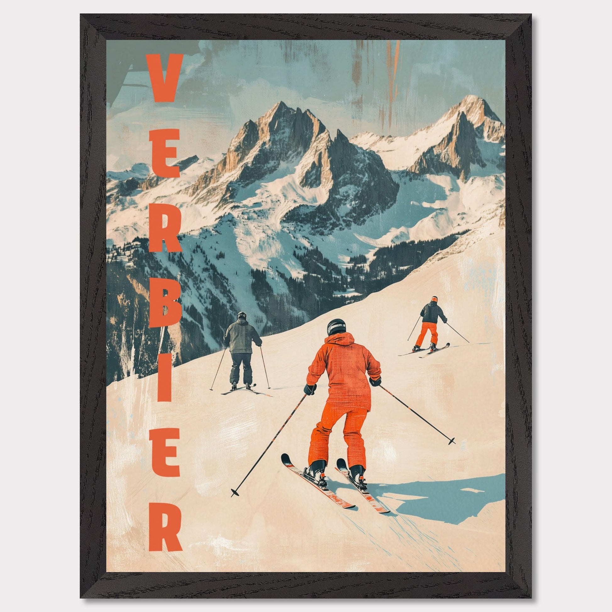 This retro-inspired poster vividly captures the exhilarating spirit of skiing in Verbier. A group of skiers clad in bold orange descends a pristine alpine slope, set against the majestic backdrop of rugged, snow-covered peaks. The textured vintage art style and muted color palette evoke nostalgia while celebrating the dynamic energy of winter sports.