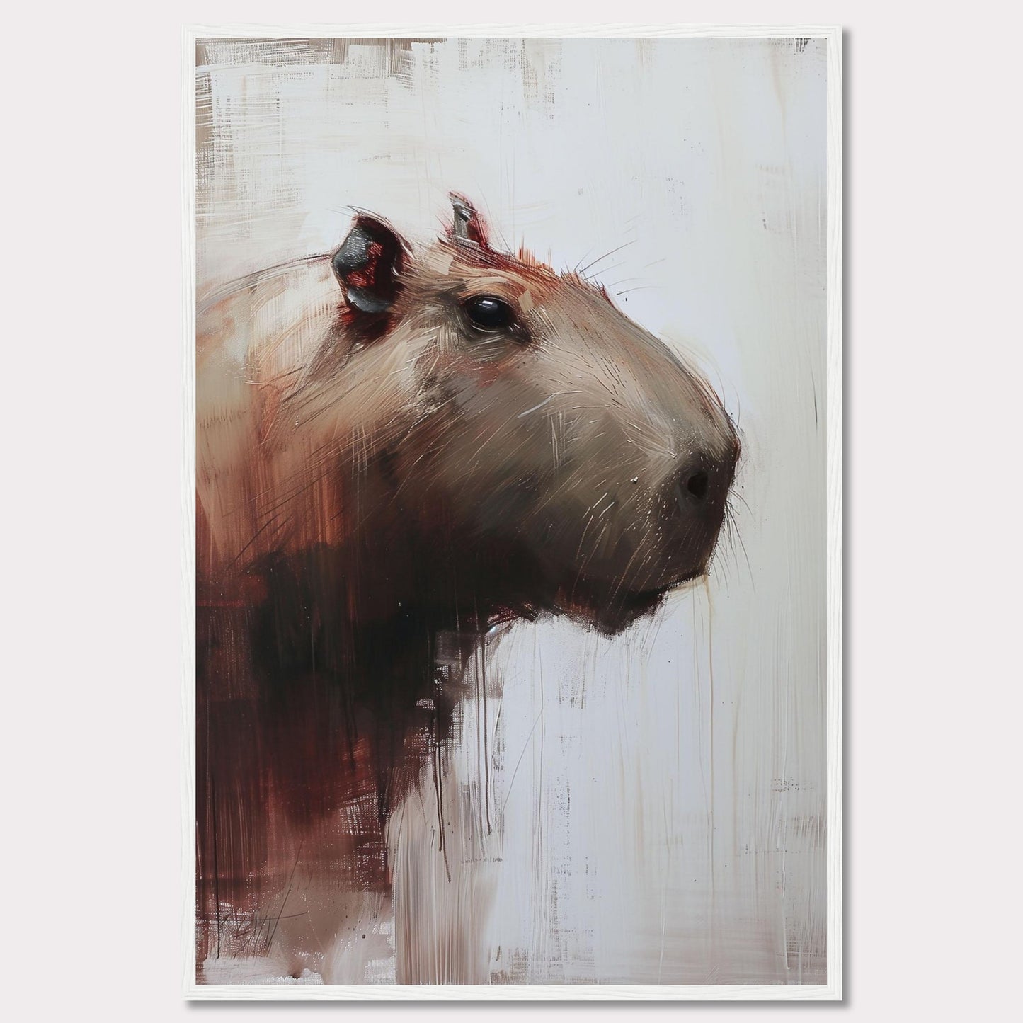 This image showcases a striking painting of a capybara, rendered in a modern, abstract style. The artwork features bold brush strokes and a muted color palette, with the capybara's head turned slightly to the side.